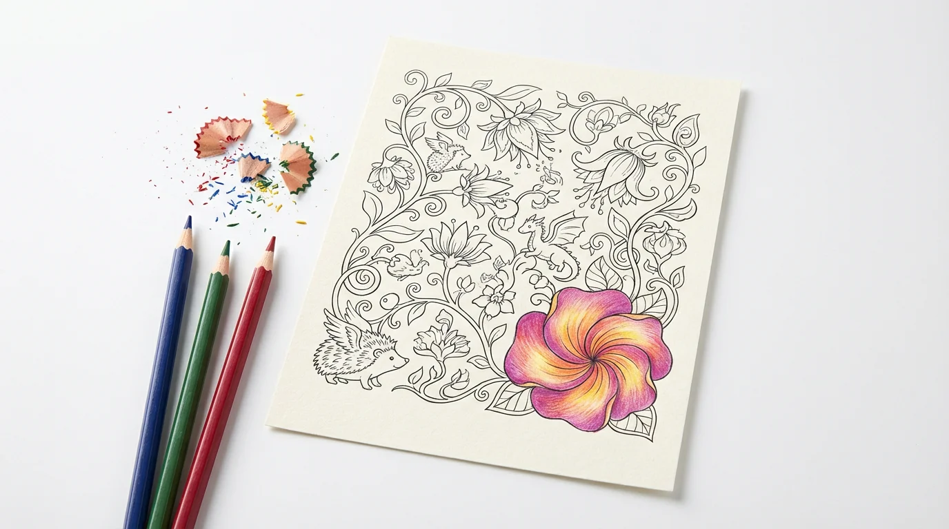 A flat lay mockup of a coloring page featuring a whimsical garden, partially colored in. Several colored pencils lie next to the page on a clean white background.