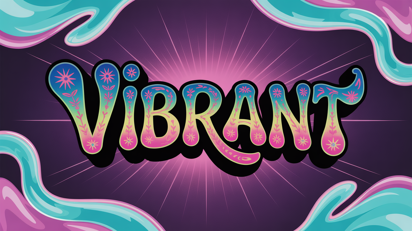 A psychedelic logo for the word 'VIBRANT' in a 16:9 aspect ratio. The letters are a swirling, colorful font with paisley and floral details, set against a dark purple background with abstract shapes.