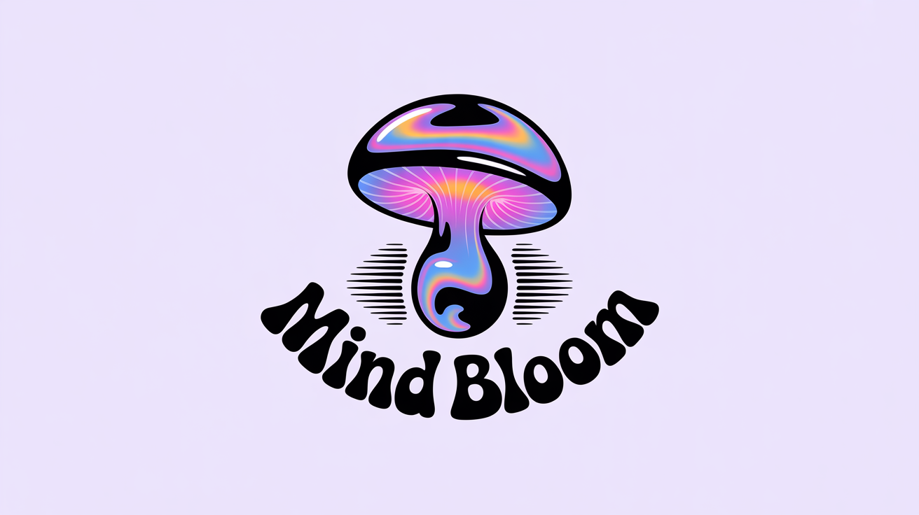 A psychedelic logo mockup for a brand named 'MIND BLOOM,' featuring a stylized mushroom with swirling neon colors and wavy text, set against a plain white background.
