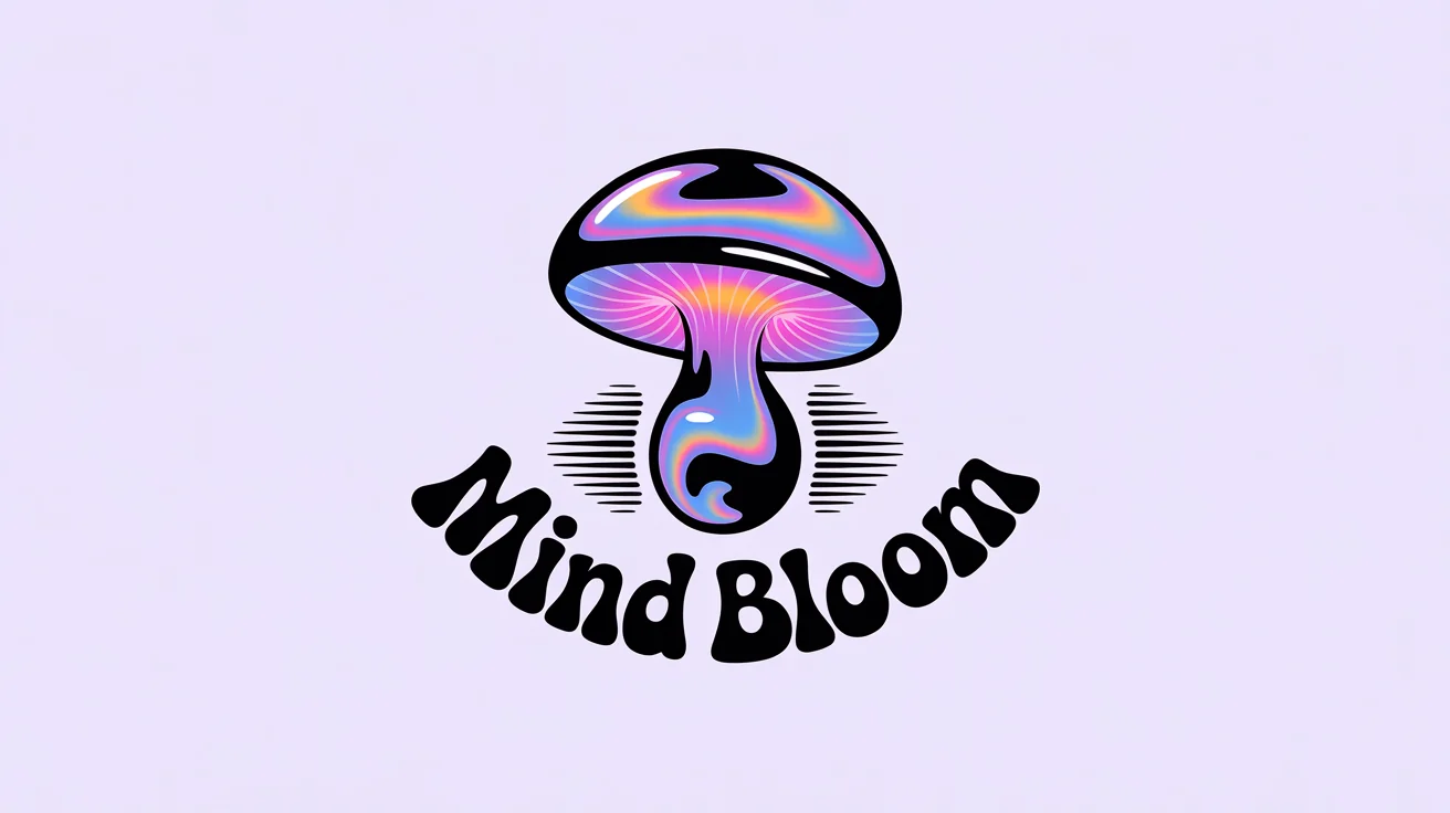 A psychedelic logo mockup for a brand named 'MIND BLOOM,' featuring a stylized mushroom with swirling neon colors and wavy text, set against a plain white background.