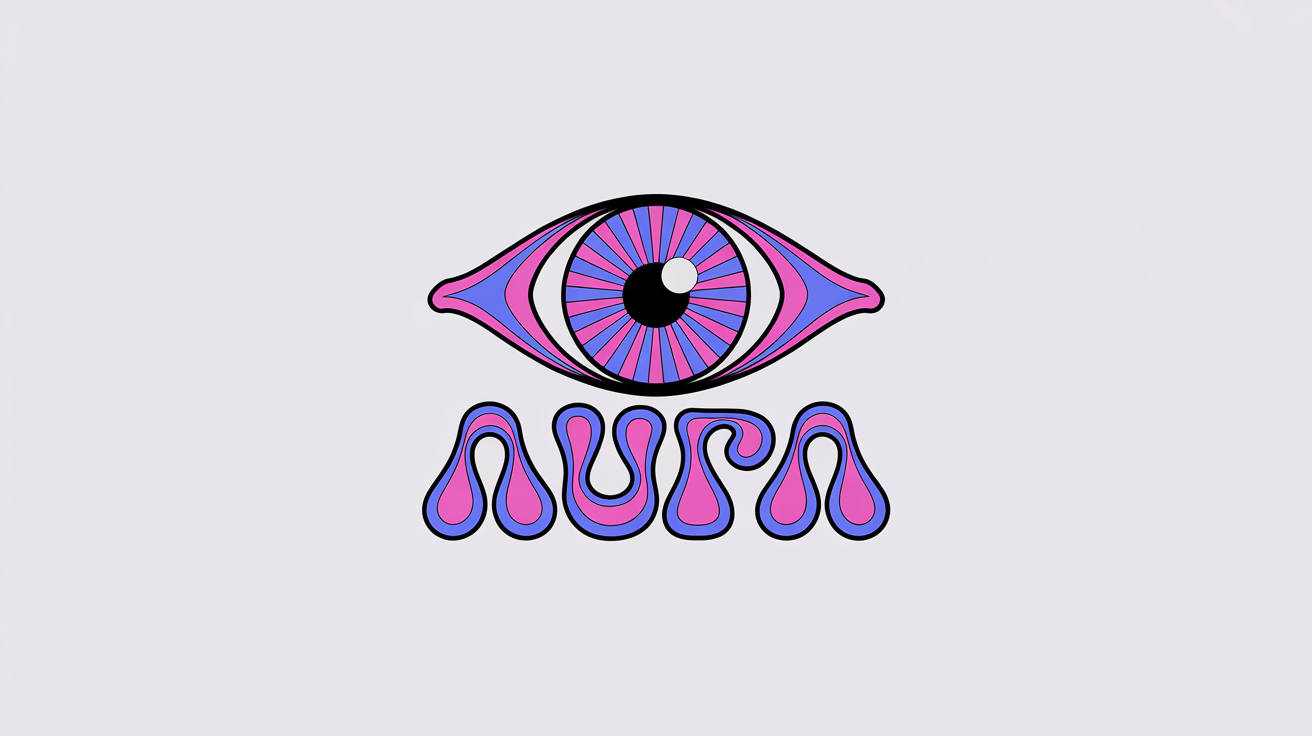 A psychedelic logo mockup featuring a stylized all-seeing eye with radiating patterns in magenta, blue, and purple. Below the emblem is the word 'AURA' in a groovy, bubbly font, all on a clean white background.