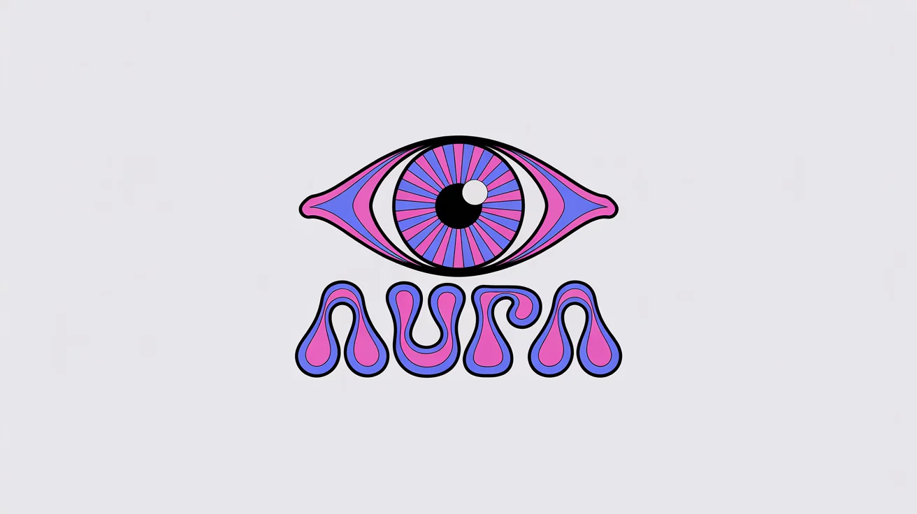 A psychedelic logo mockup featuring a stylized all-seeing eye with radiating patterns in magenta, blue, and purple. Below the emblem is the word 'AURA' in a groovy, bubbly font, all on a clean white background.