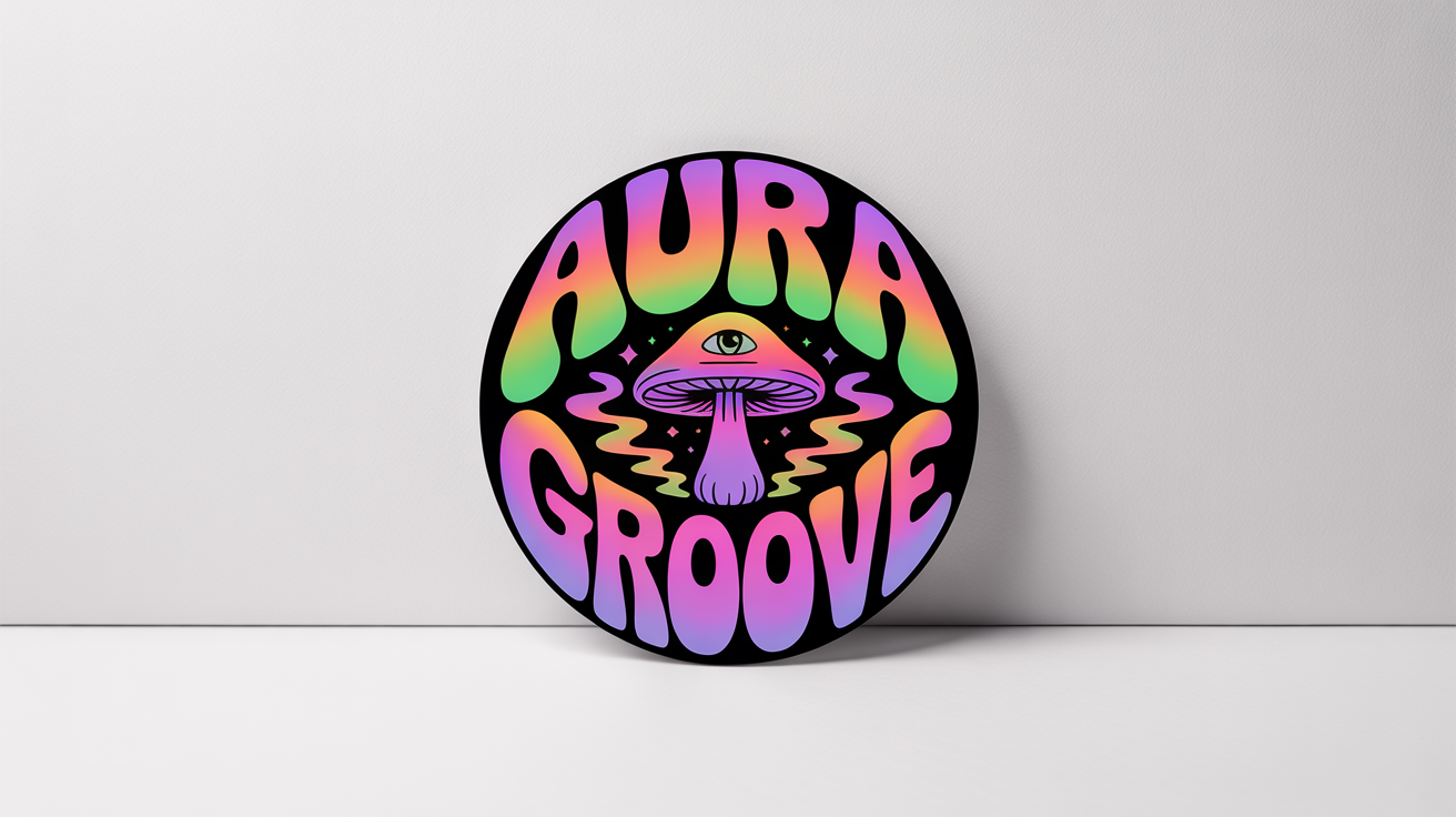 A vibrant psychedelic logo for a brand called 'AURA GROOVE', featuring melting text, a mystical mushroom with an eye, and swirling colors, presented as a glossy sticker on a white background.