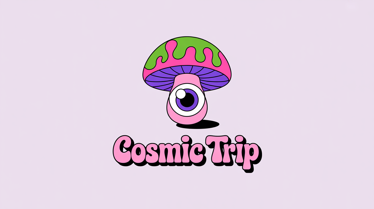 A psychedelic logo mockup featuring a colorful, melting mushroom with an eye on its cap. The text below reads "Cosmic Trip" in a groovy font, all set against a white background.