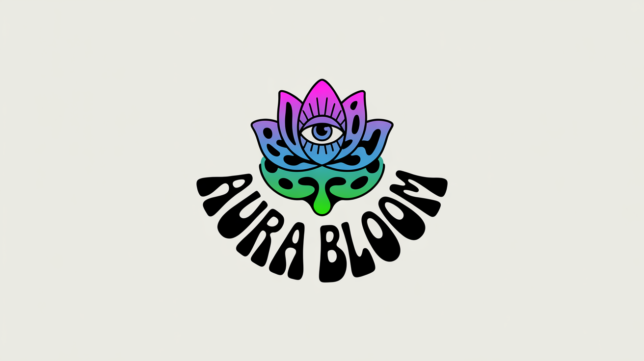 A psychedelic logo for 'Aura Bloom' on a white background, featuring a vibrant, melting lotus flower with an eye at its center and wavy text.