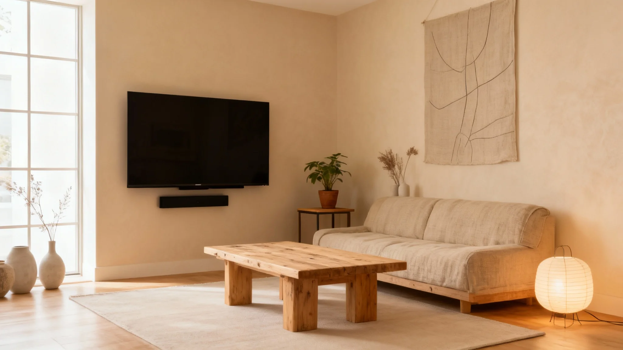 A stunning 'after' photo of a living room redesigned in a warm Japandi style, featuring a beige linen sofa, a light wood coffee table, and minimalist, natural decor, showcasing a complete transformation from its previous modern state.
