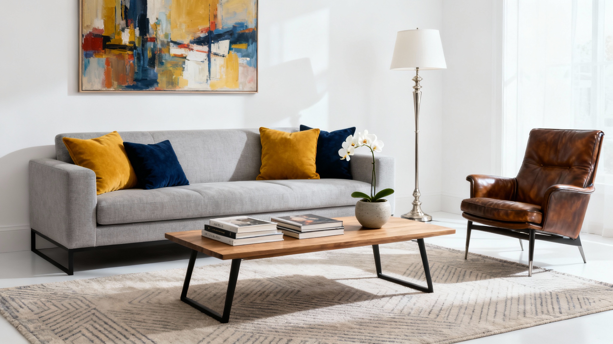 A mockup of a beautifully redesigned modern living room with a gray sofa, leather armchair, and abstract art, all set against a clean white background.