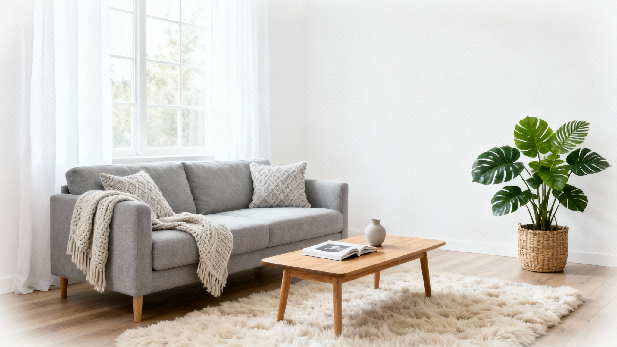 A beautifully redesigned modern living room with a neutral color palette, featuring a gray sofa, a light wood coffee table, and a large plant, set against a clean white background.