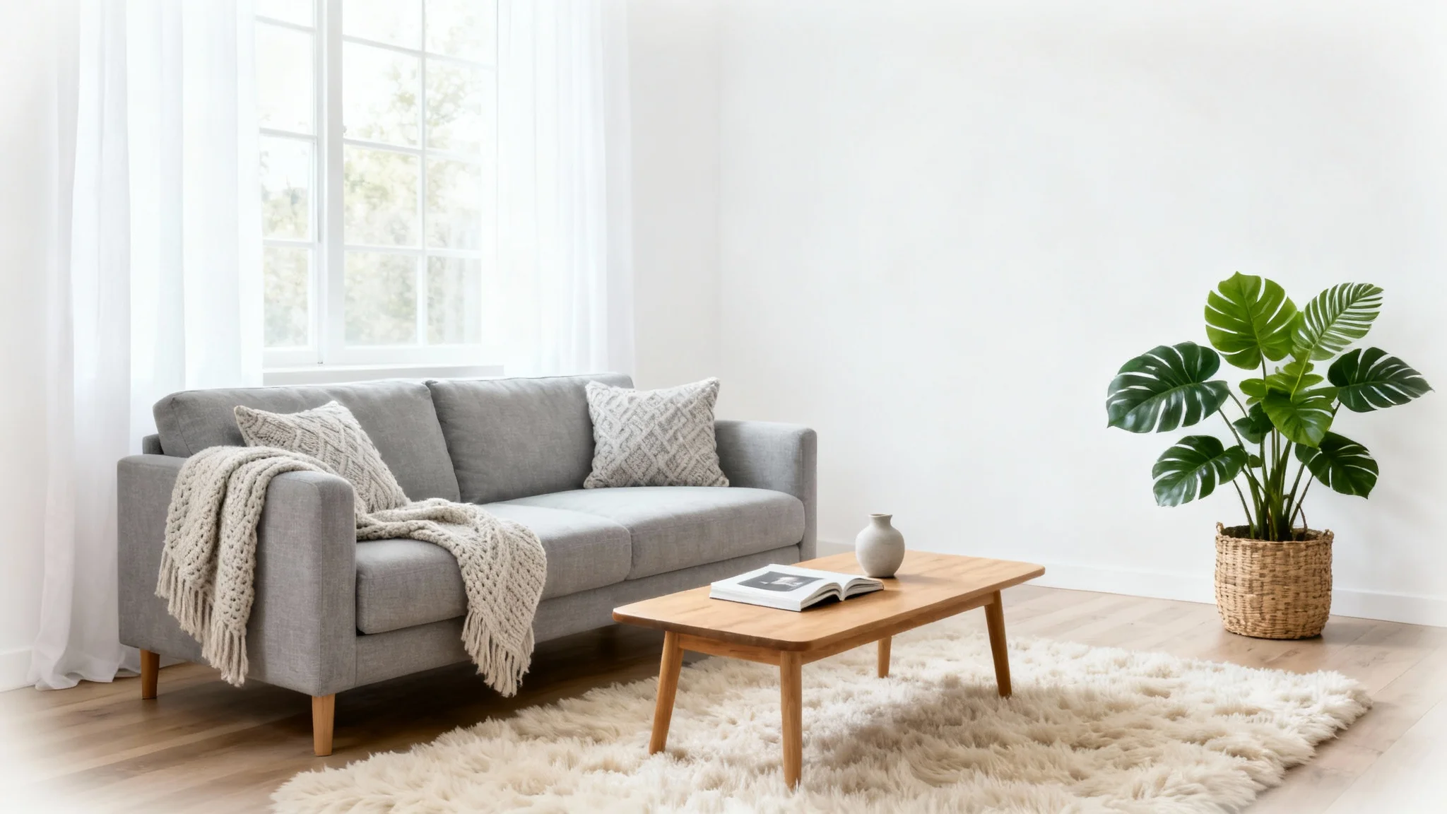A beautifully redesigned modern living room with a neutral color palette, featuring a gray sofa, a light wood coffee table, and a large plant, set against a clean white background.