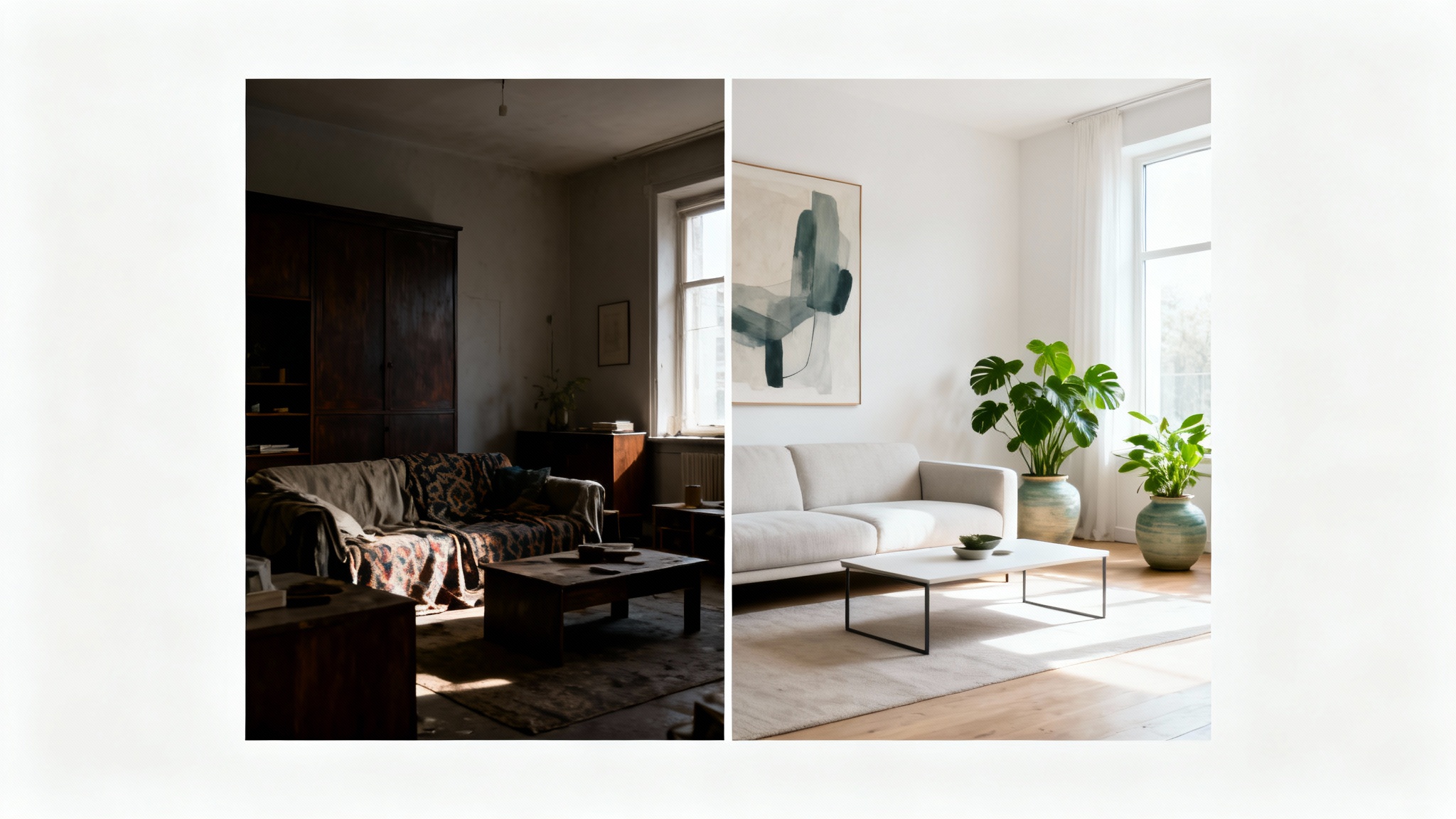 A before-and-after image of a living room redesign. The 'before' is cluttered and dated, while the 'after' is bright, modern, and stylish with minimalist furniture.