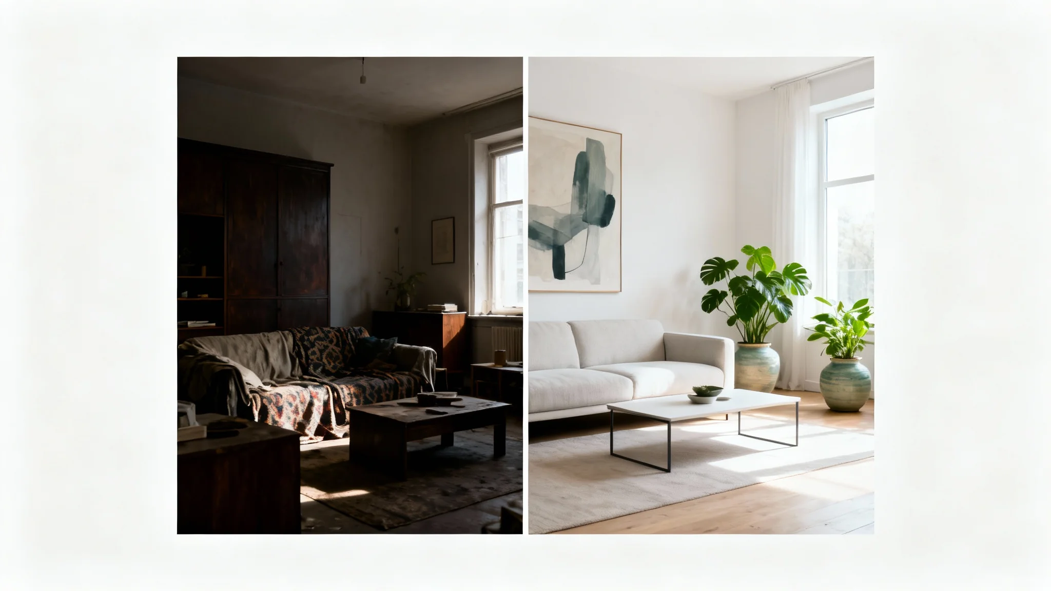 A before-and-after image of a living room redesign. The 'before' is cluttered and dated, while the 'after' is bright, modern, and stylish with minimalist furniture.