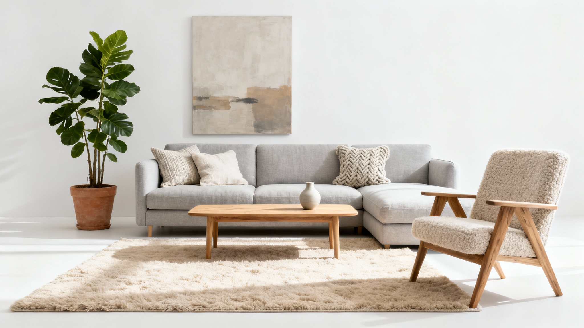 A beautifully redesigned modern living room with a gray sofa, oak coffee table, and a large plant, showcased as a concept mockup against a clean white background.