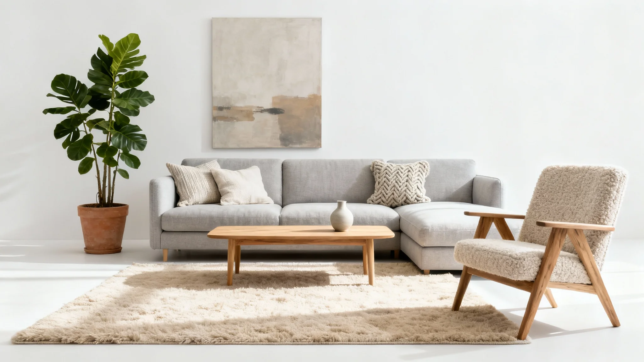 A beautifully redesigned modern living room with a gray sofa, oak coffee table, and a large plant, showcased as a concept mockup against a clean white background.
