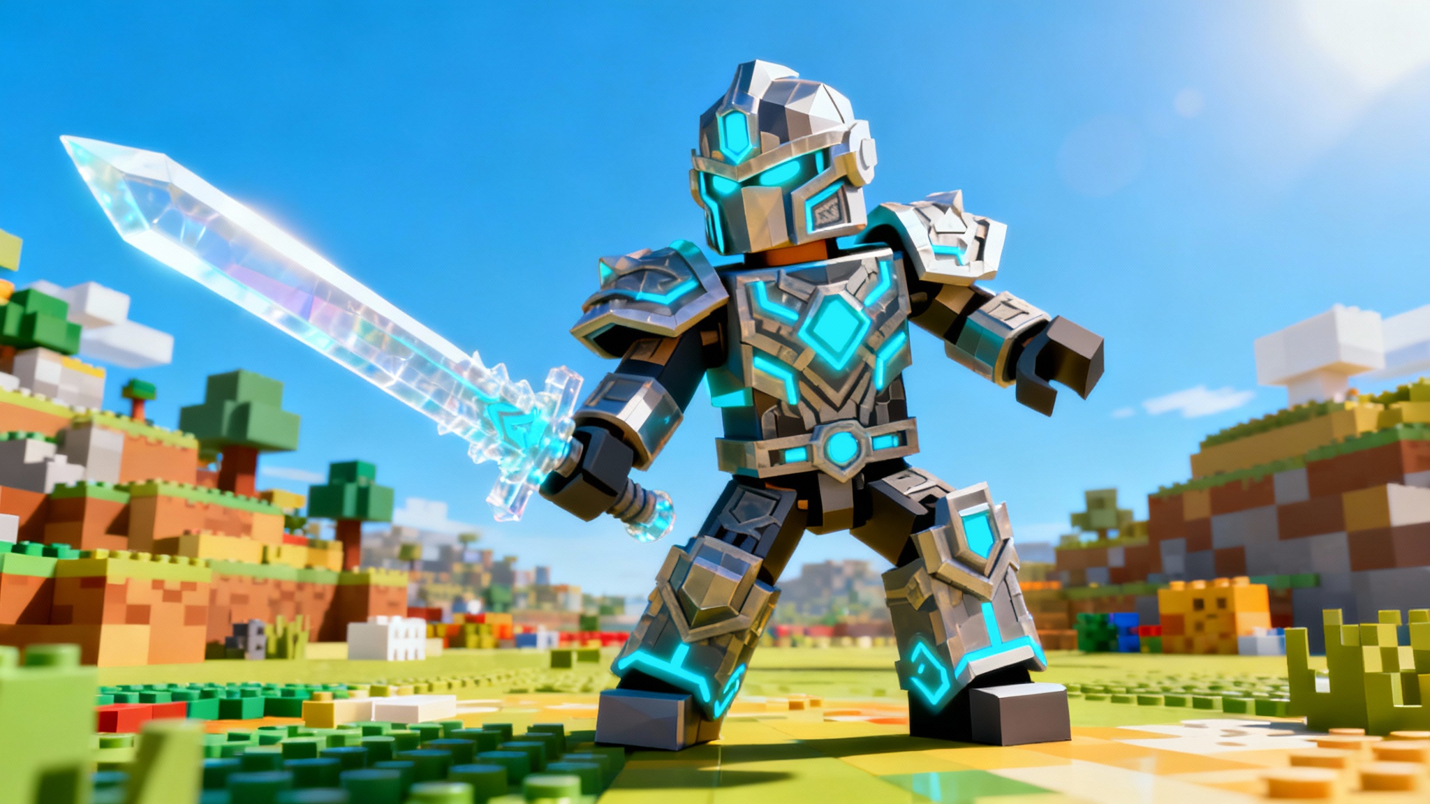 A high-quality 3D model of a futuristic Roblox knight character with glowing armor, showcased within a game environment to represent the final result of using a mesh creation tool.