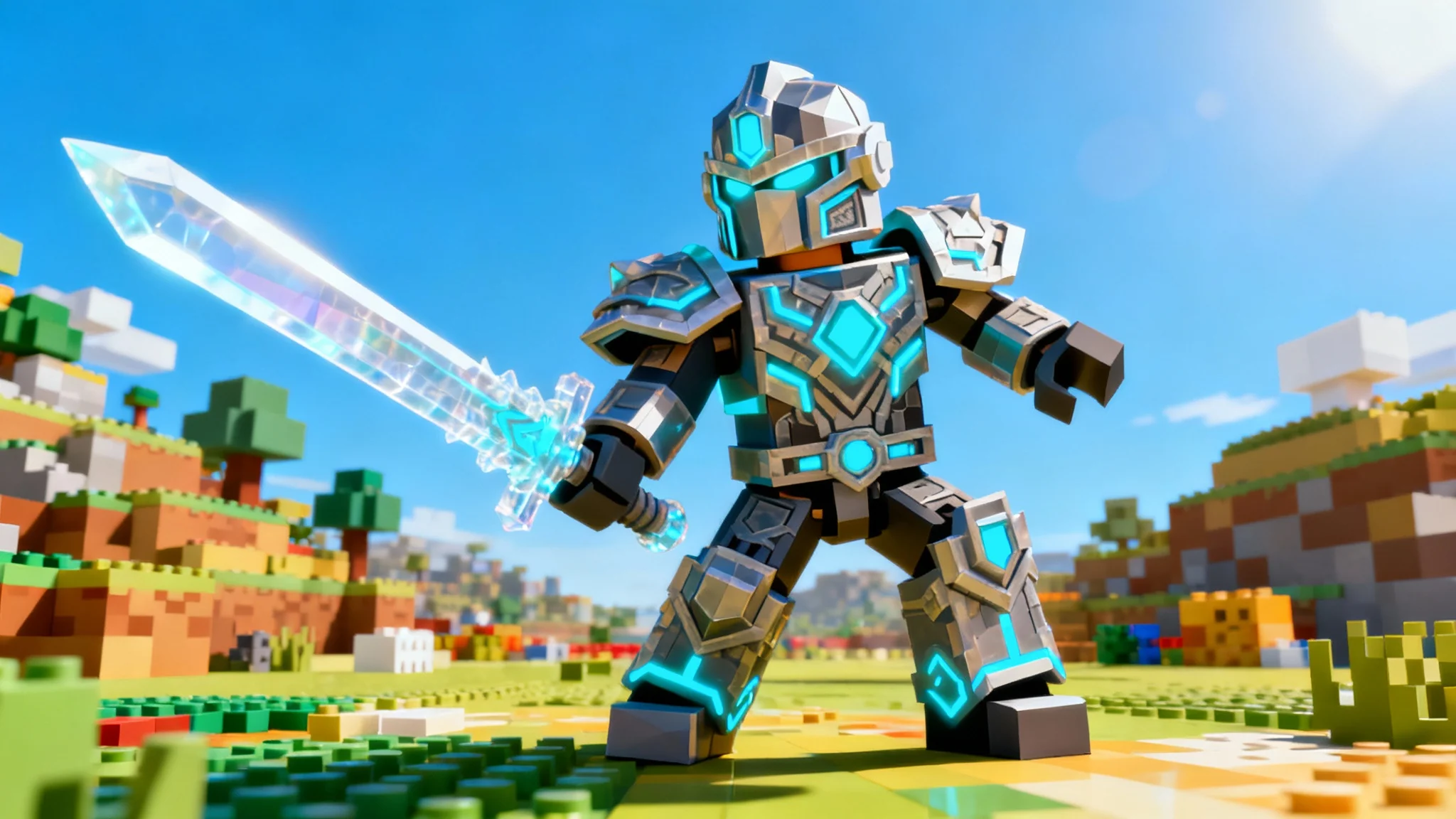 A high-quality 3D model of a futuristic Roblox knight character with glowing armor, showcased within a game environment to represent the final result of using a mesh creation tool.