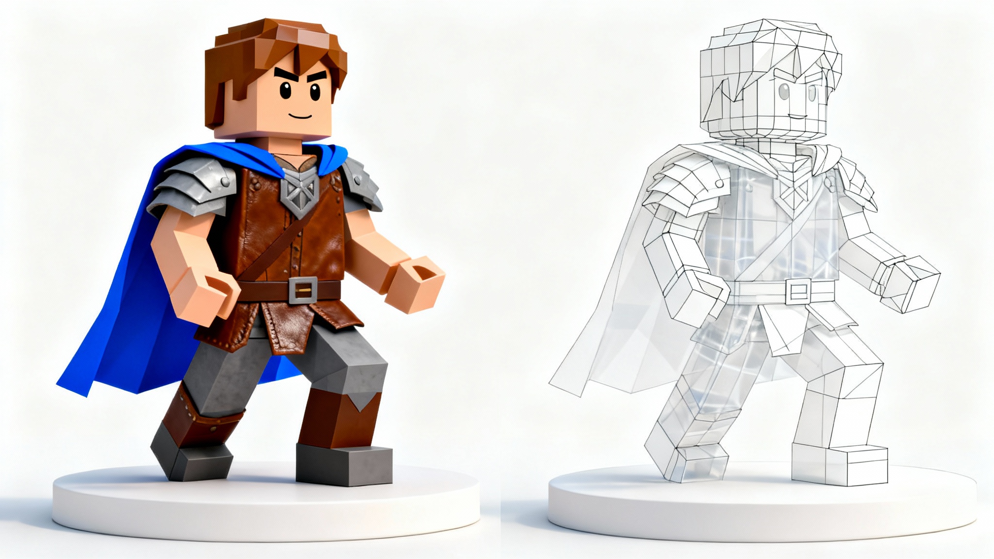 A 3D render of a blocky, low-poly Roblox character model. One side is textured as a fantasy adventurer, while the other side shows the underlying wireframe mesh, displayed on a clean white background.