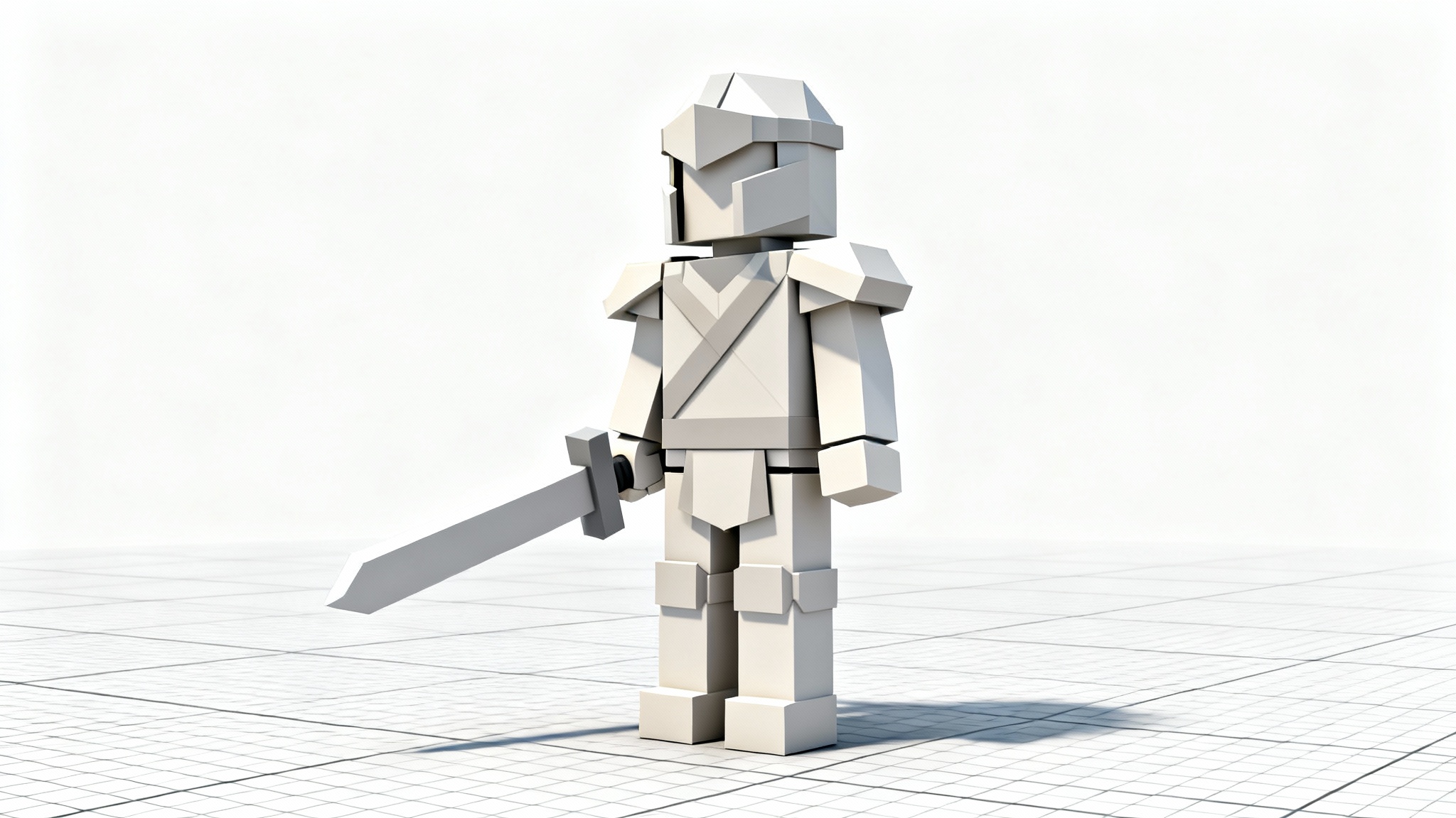A 3D model of a blocky, Roblox-style fantasy adventurer character shown as a mesh in a T-pose, standing on a wireframe grid against a white background.