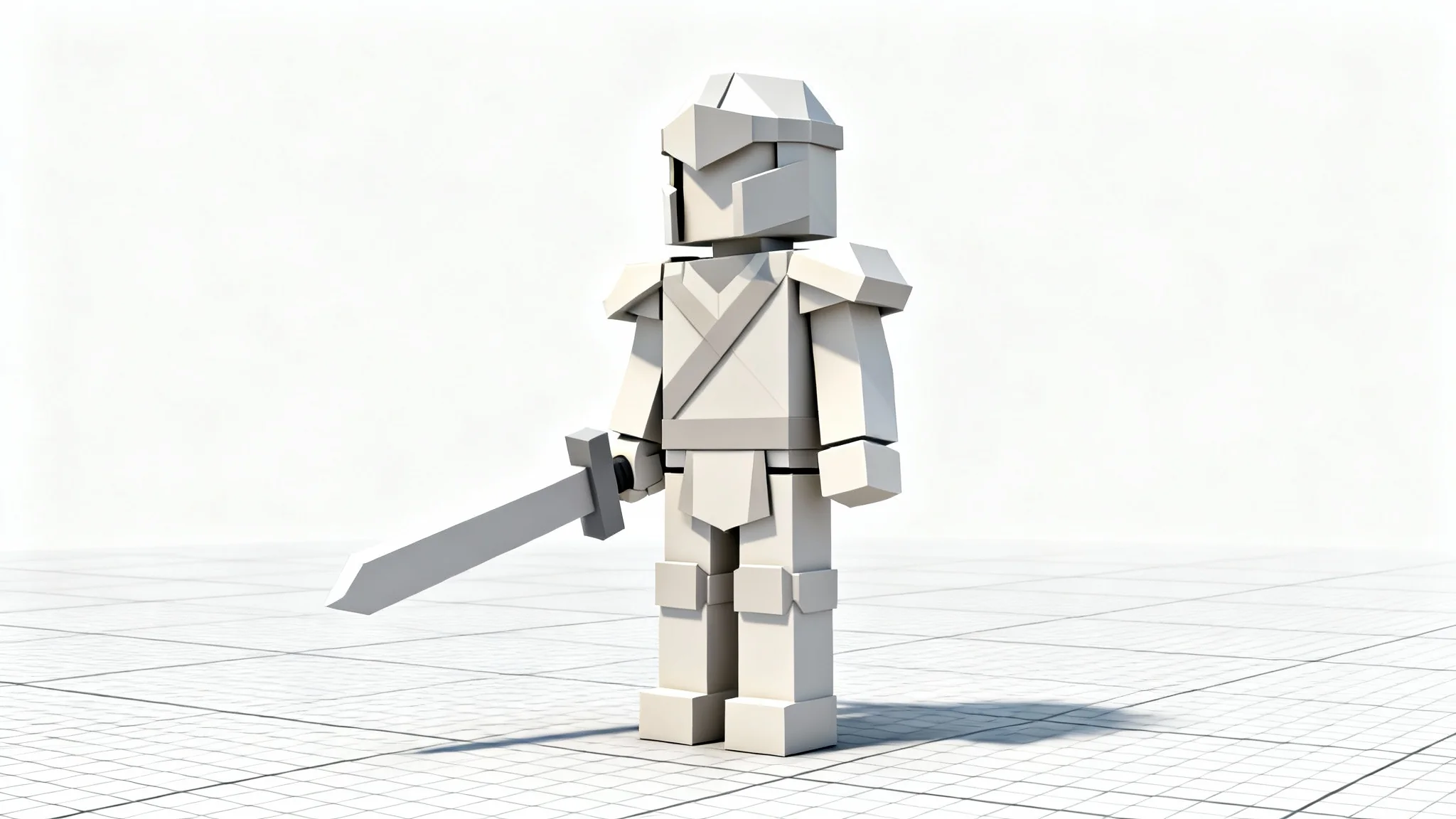 A 3D model of a blocky, Roblox-style fantasy adventurer character shown as a mesh in a T-pose, standing on a wireframe grid against a white background.