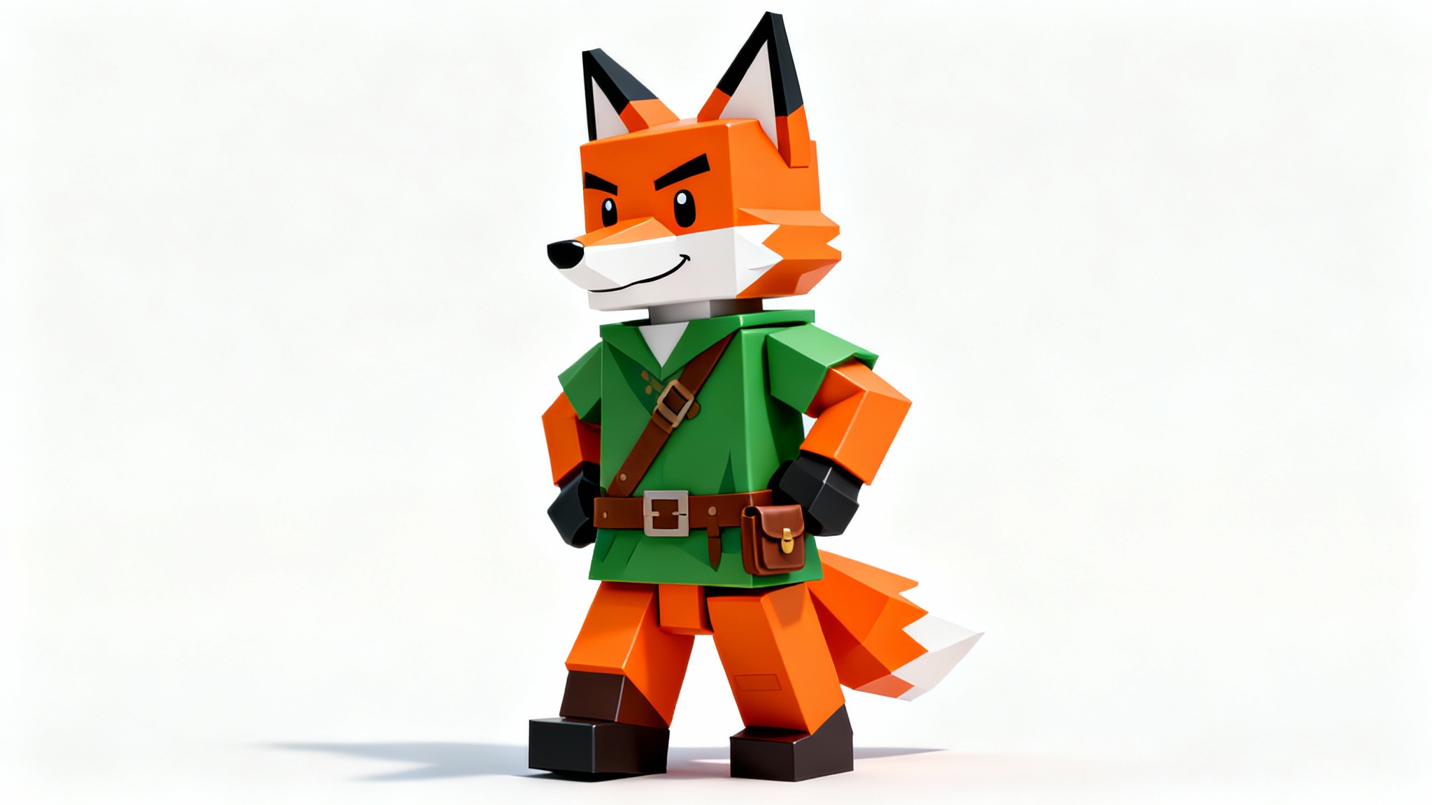 A high-quality 3D render of a blocky, Roblox-style character mesh of a fox adventurer in a green tunic, shown against a plain white background.