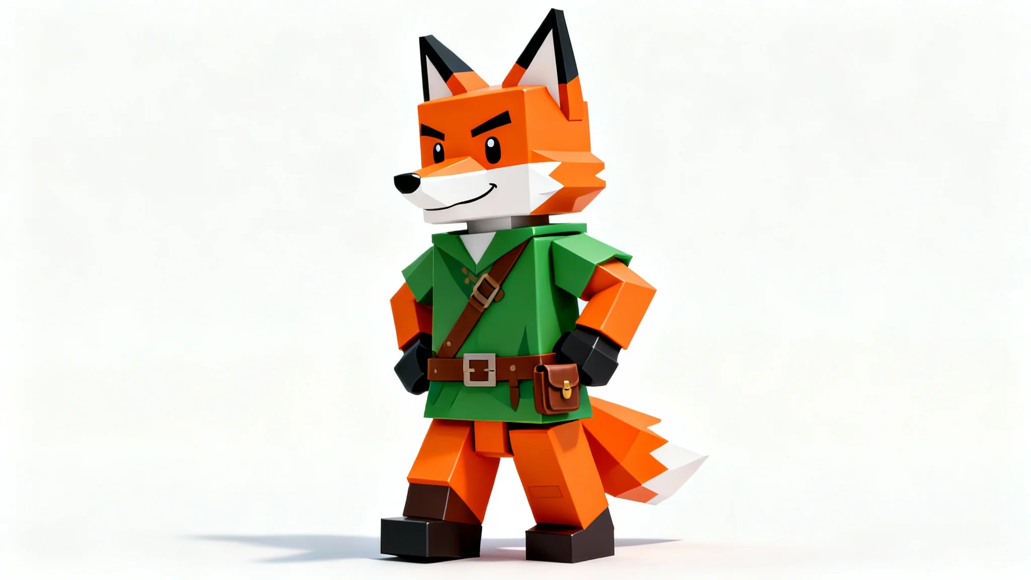 A high-quality 3D render of a blocky, Roblox-style character mesh of a fox adventurer in a green tunic, shown against a plain white background.