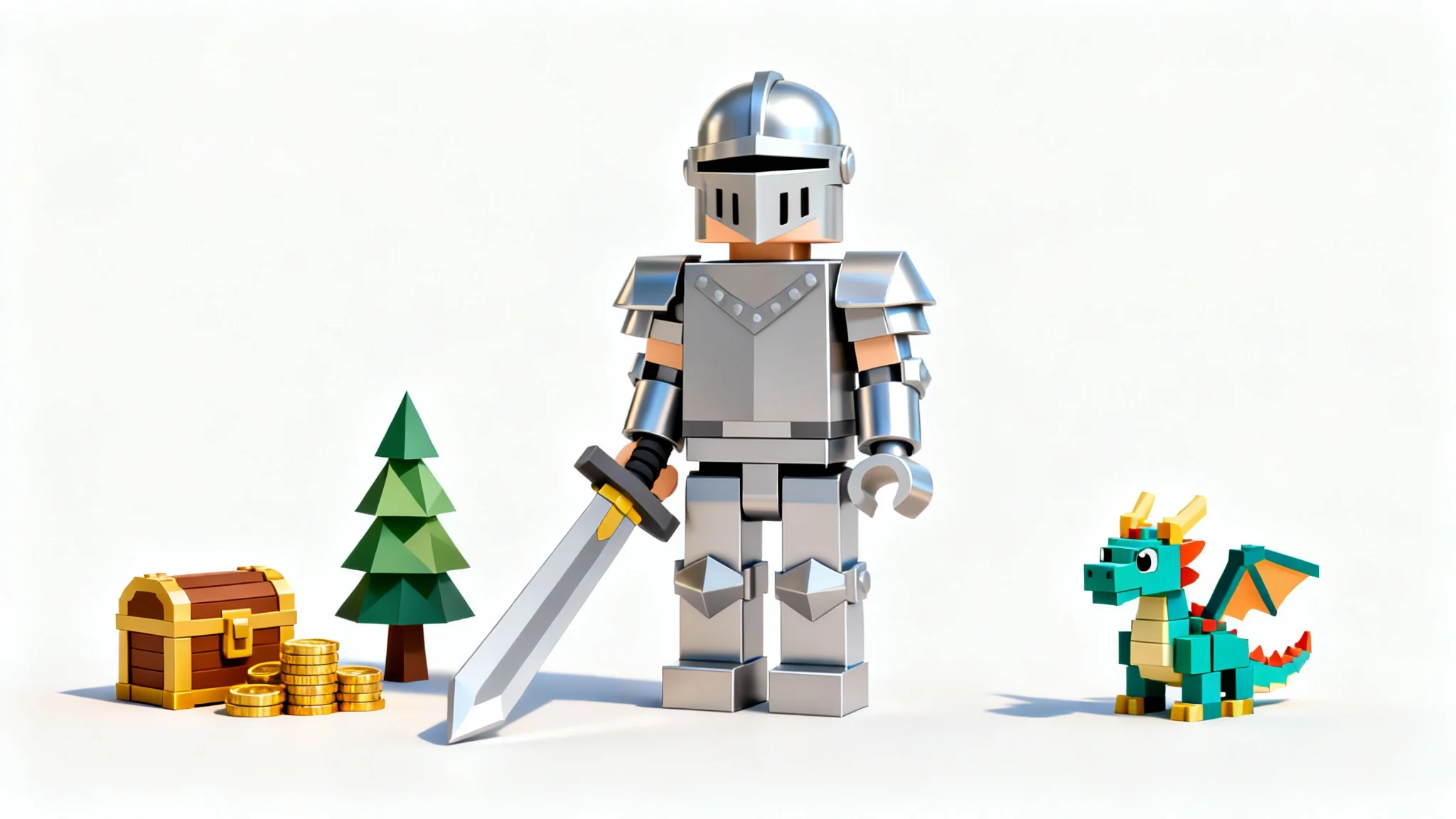 A 3D render of various Roblox-style mesh assets, including a knight character, a small dragon, a treasure chest, and a tree, displayed on a white background.