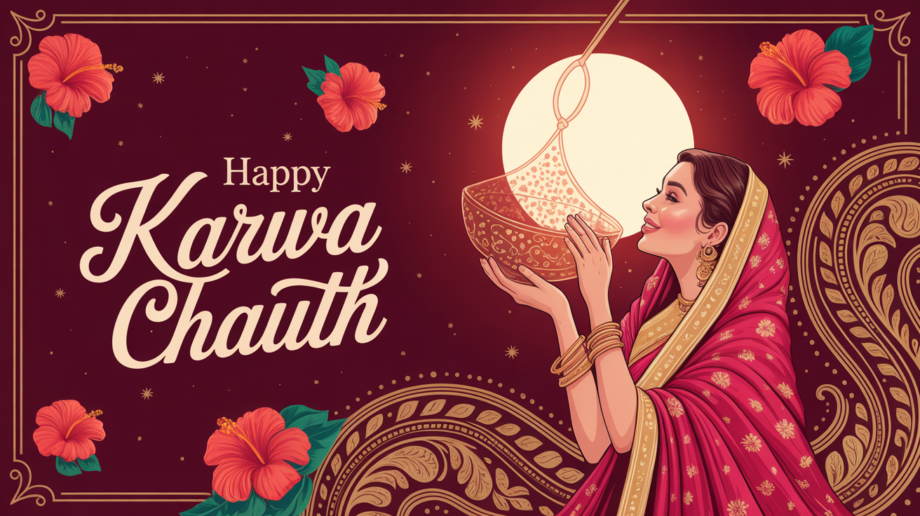 An elegant, professionally designed Karwa Chauth greeting card in red and gold, featuring an illustration of a woman celebrating the festival and the text 'Happy Karwa Chauth'.