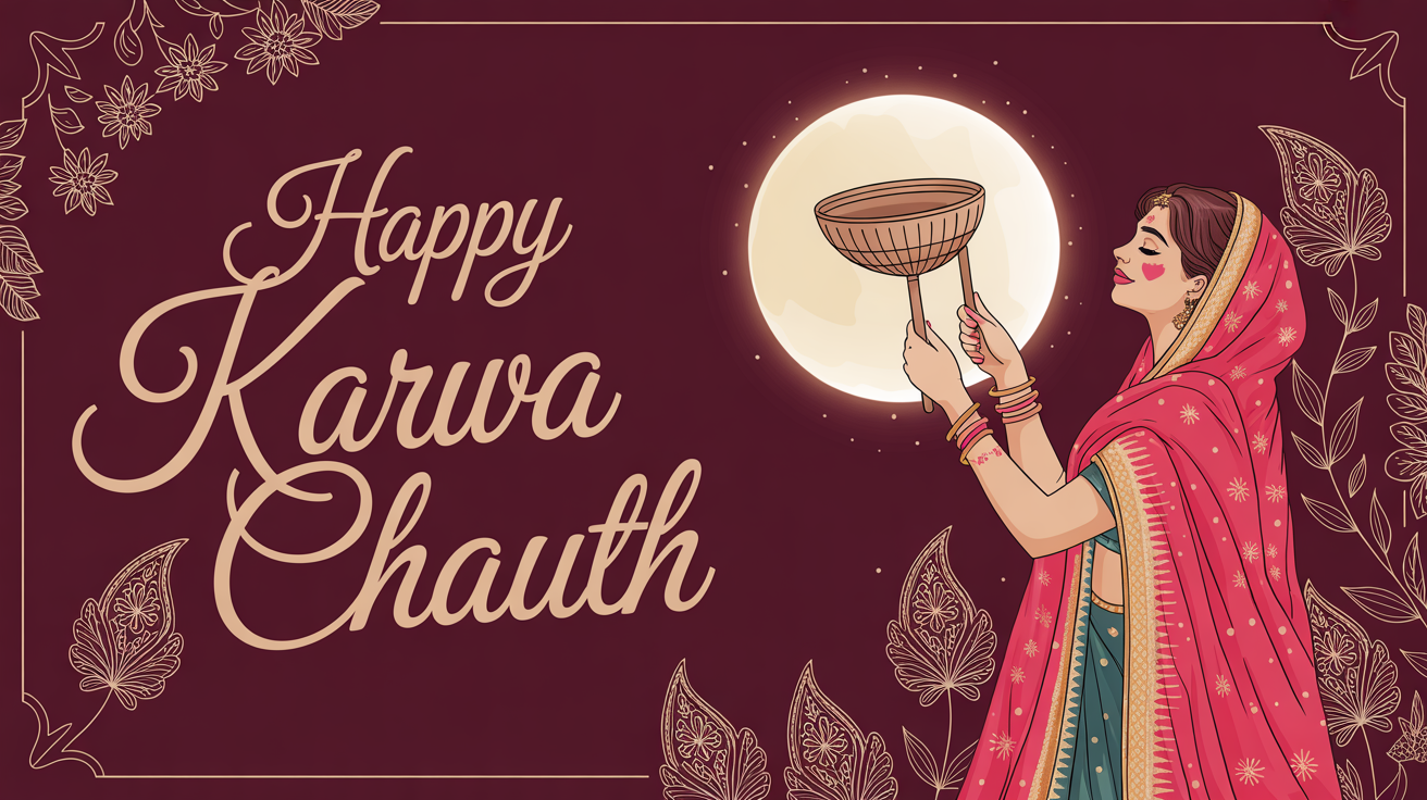 A festive Karwa Chauth greeting card mockup on a white background, featuring an illustration of a woman in a sari looking at the moon and gold text reading 'Happy Karwa Chauth'.