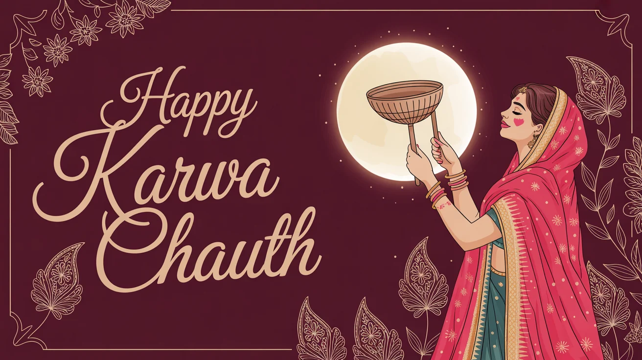 A festive Karwa Chauth greeting card mockup on a white background, featuring an illustration of a woman in a sari looking at the moon and gold text reading 'Happy Karwa Chauth'.
