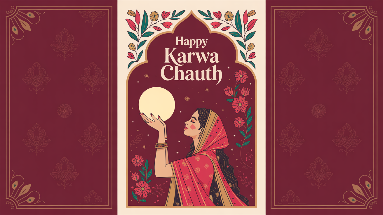 A beautiful Karwa Chauth greeting card mockup on a white background, featuring traditional Indian art of a woman celebrating the festival with the text 'Happy Karwa Chauth'.