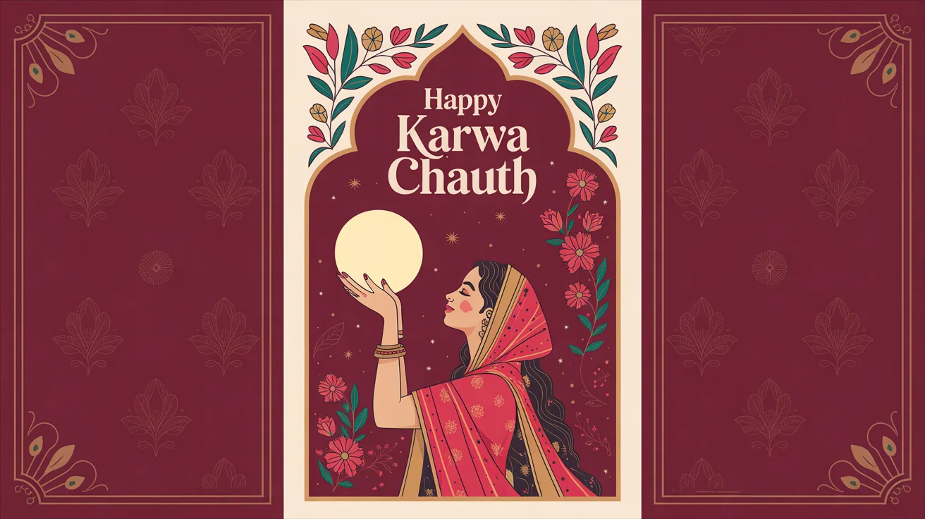 A beautiful Karwa Chauth greeting card mockup on a white background, featuring traditional Indian art of a woman celebrating the festival with the text 'Happy Karwa Chauth'.