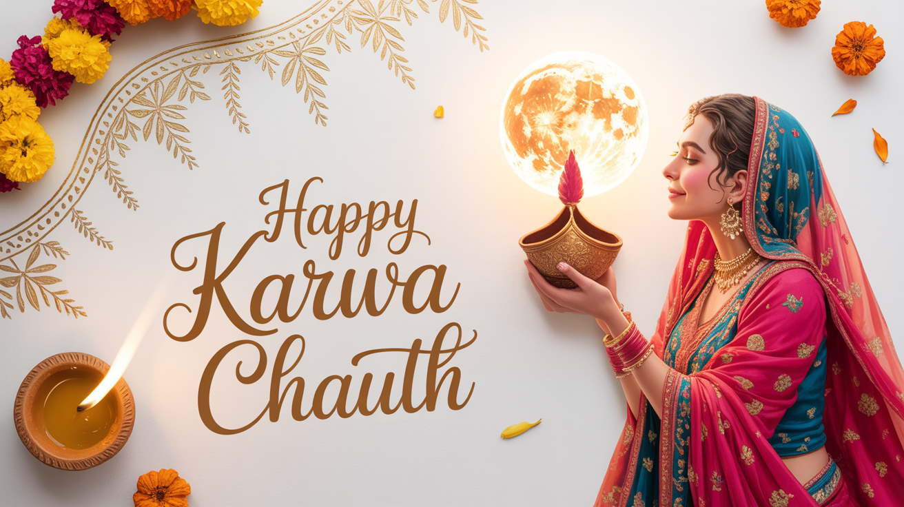 An elegant Karwa Chauth greeting card mockup on a white background, featuring a woman looking at the moon through a sieve, with the text 'Happy Karwa Chauth' in gold script.