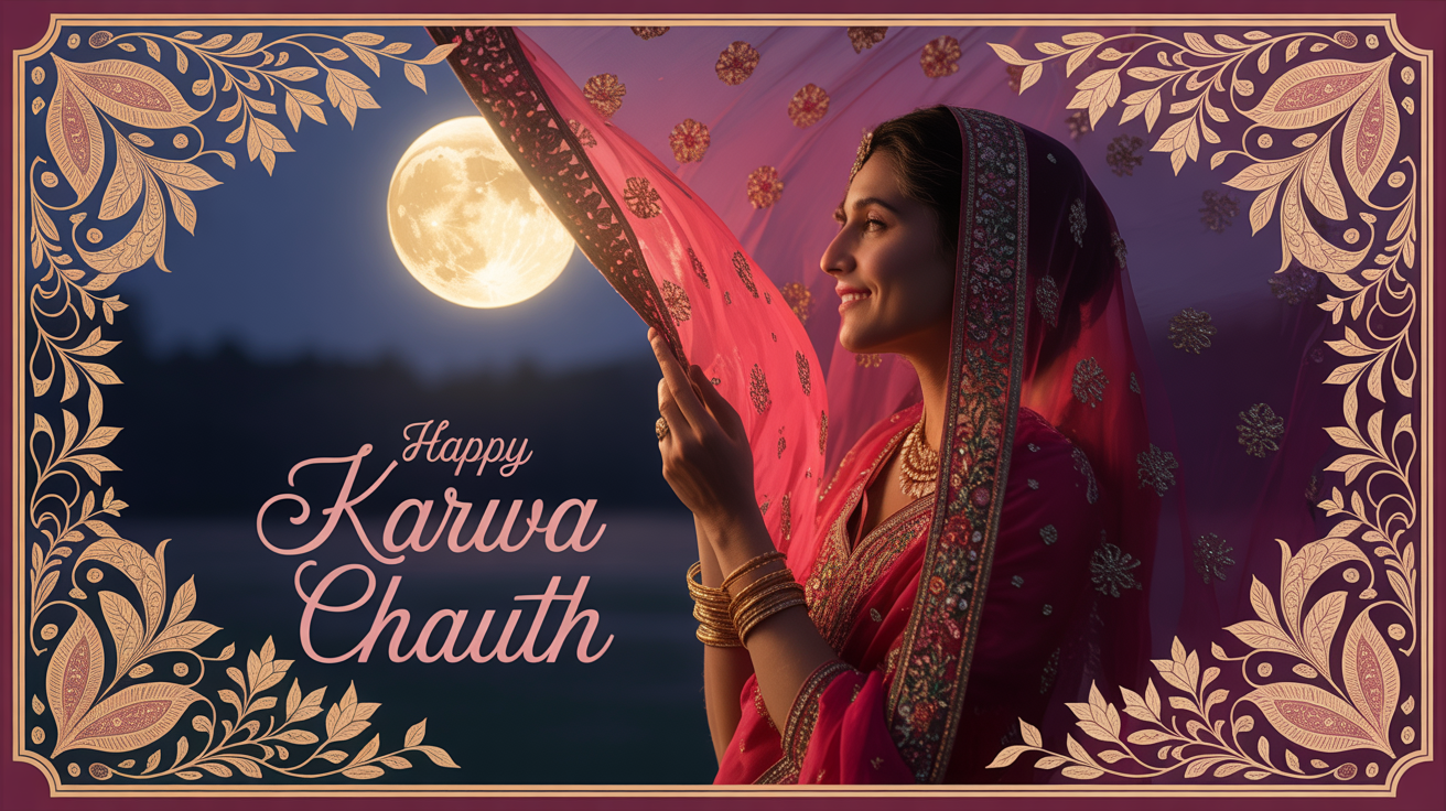 An ornate Karwa Chauth greeting card mockup featuring a woman in a red sari looking at the moon, with the text 'Happy Karwa Chauth' written on it.