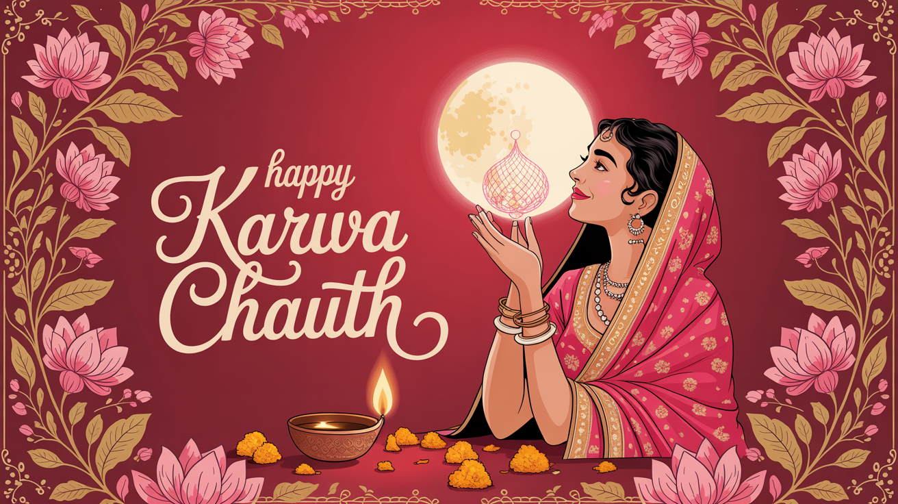 An elegant Karwa Chauth greeting card mockup in crimson and gold, displaying the text 'Happy Karwa Chauth' and a traditional illustration, set against a clean white background with a diya and marigold petals.