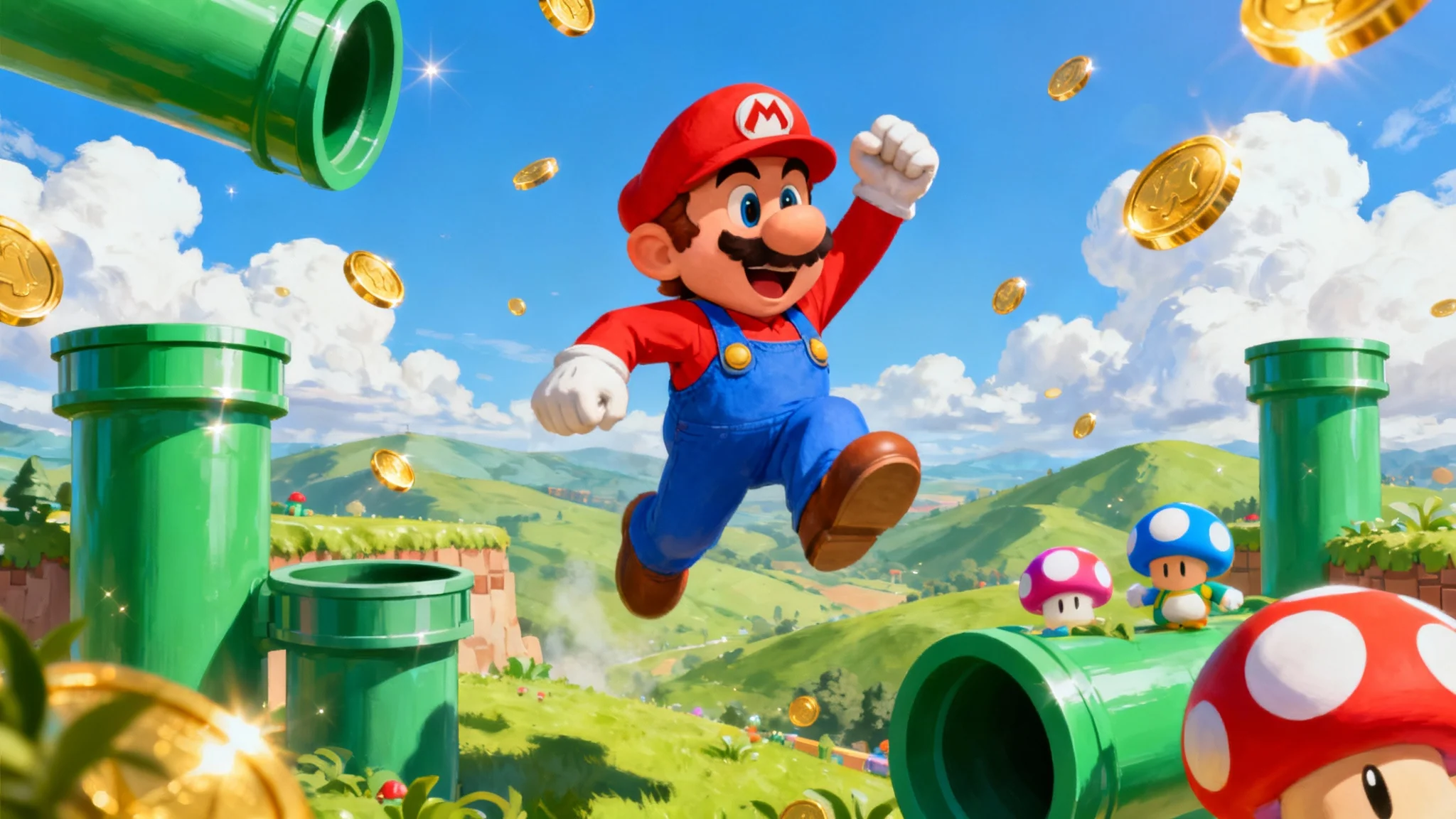 A colorful and vibrant digital wallpaper of Mario jumping joyfully in the Mushroom Kingdom, surrounded by iconic elements like coins, pipes, and mushrooms, with rolling hills and a blue sky in the background.