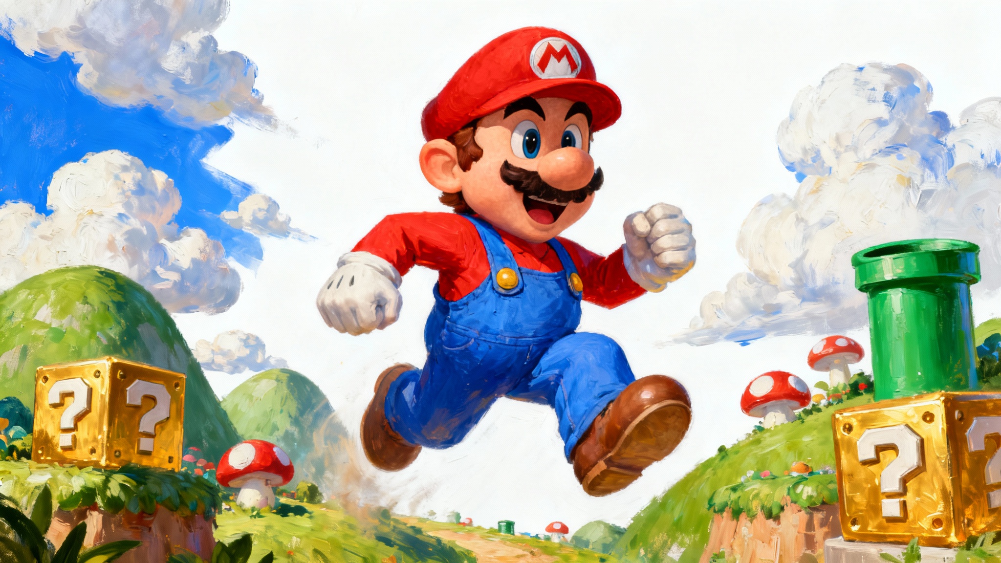 A vibrant digital fan art wallpaper showing Mario in a dynamic mid-air jump against a colorful Mushroom Kingdom background, isolated on a white background.