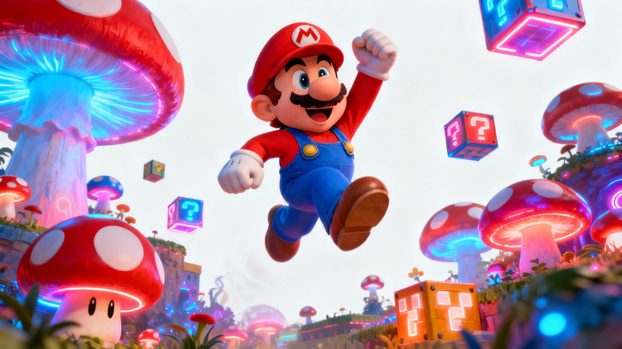A vibrant digital painting of Super Mario jumping joyfully in a fantastical Mushroom Kingdom, designed as a wallpaper and displayed against a white background.
