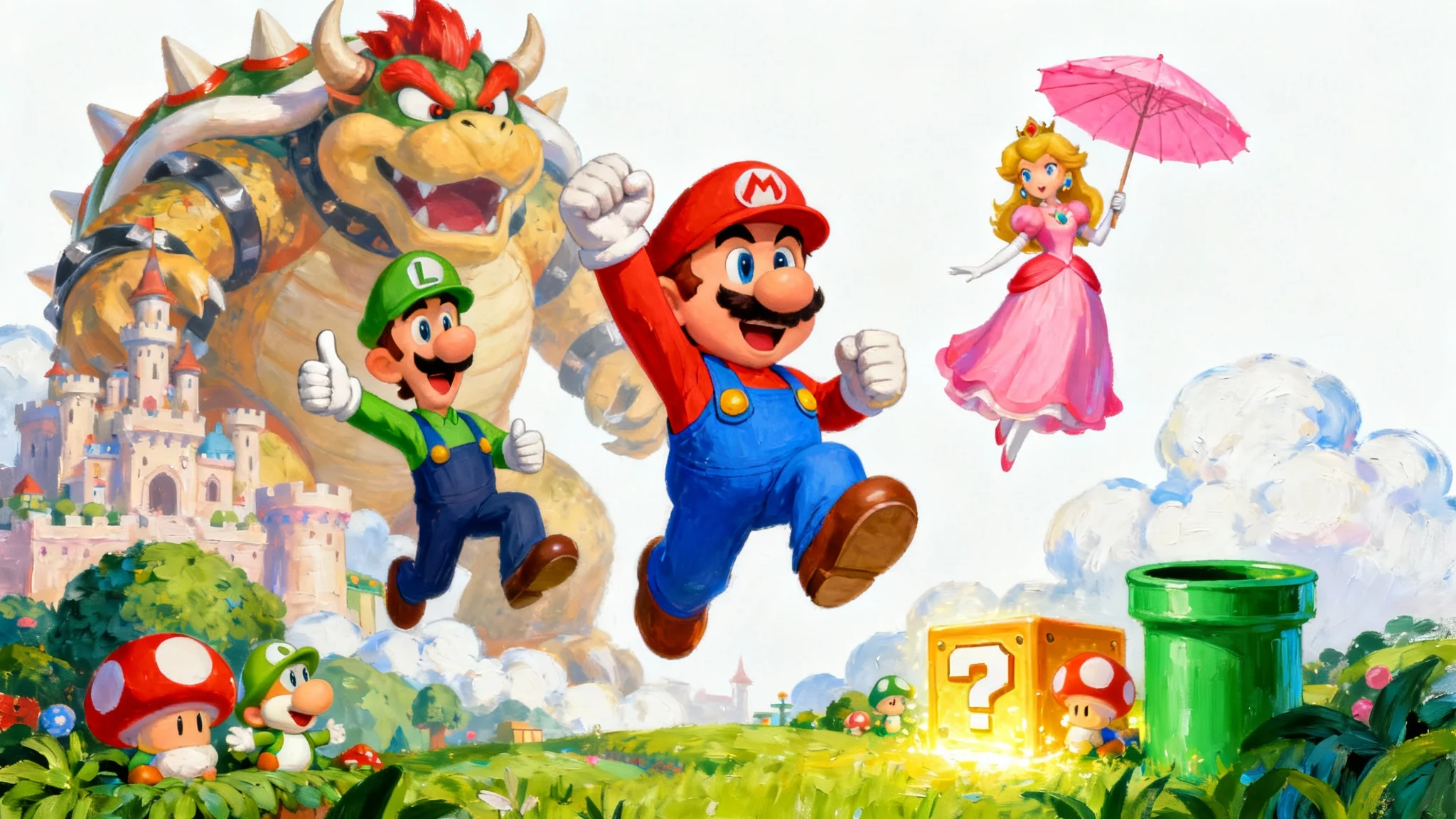 A vibrant digital fan art wallpaper of Super Mario characters. Mario is jumping in the center, flanked by Luigi and Princess Peach, with a large Bowser looming in the background over a stylized Mushroom Kingdom landscape. The entire wallpaper design is presented against a plain white background.