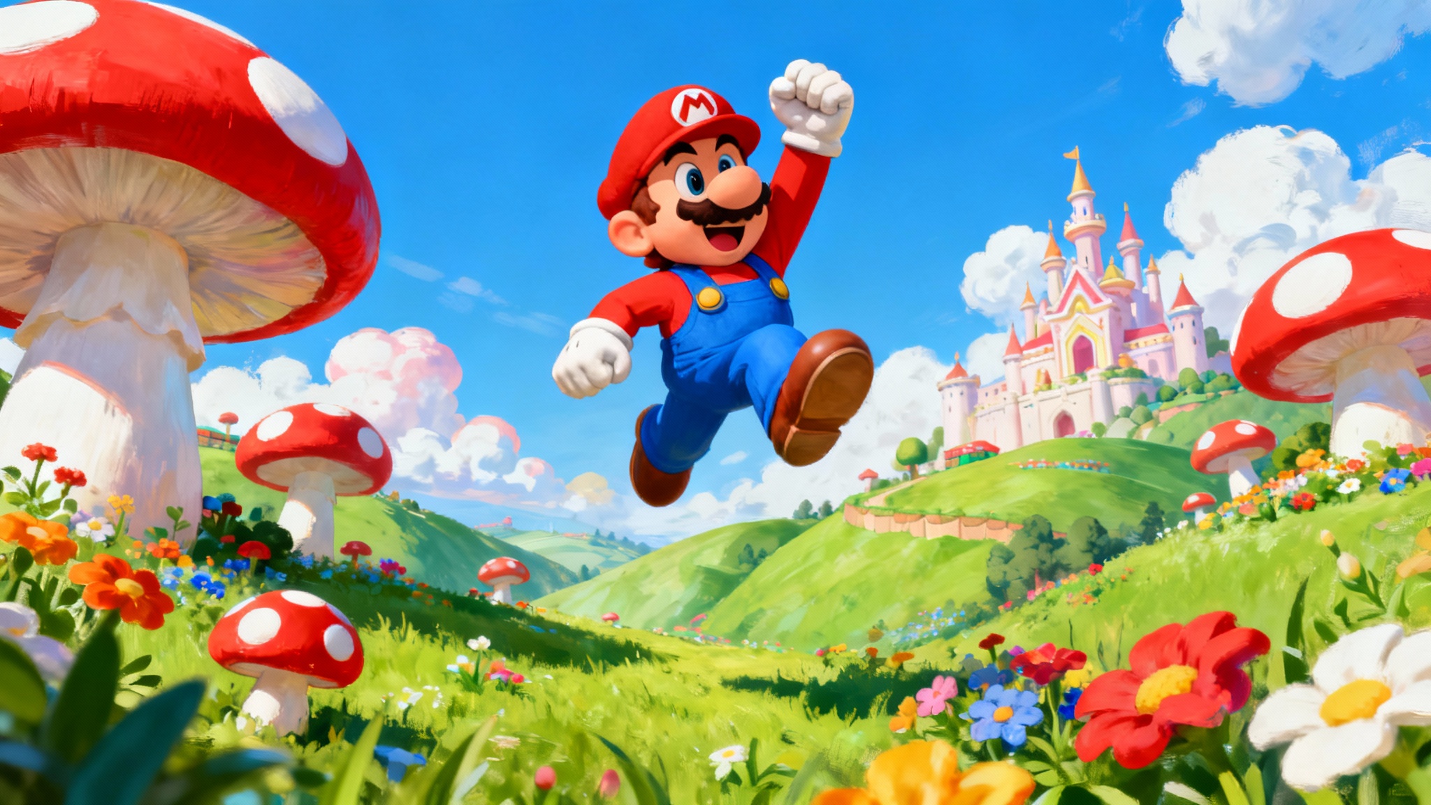A vibrant and artistic digital painting of Mario mid-jump in a beautifully rendered Mushroom Kingdom, created in a fan art style suitable for a wallpaper.