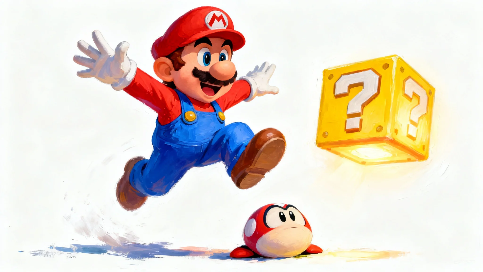 A vibrant fan art wallpaper depicting Mario in a painterly style, jumping joyfully in the air against a clean white background, with a flattened Goomba below him.