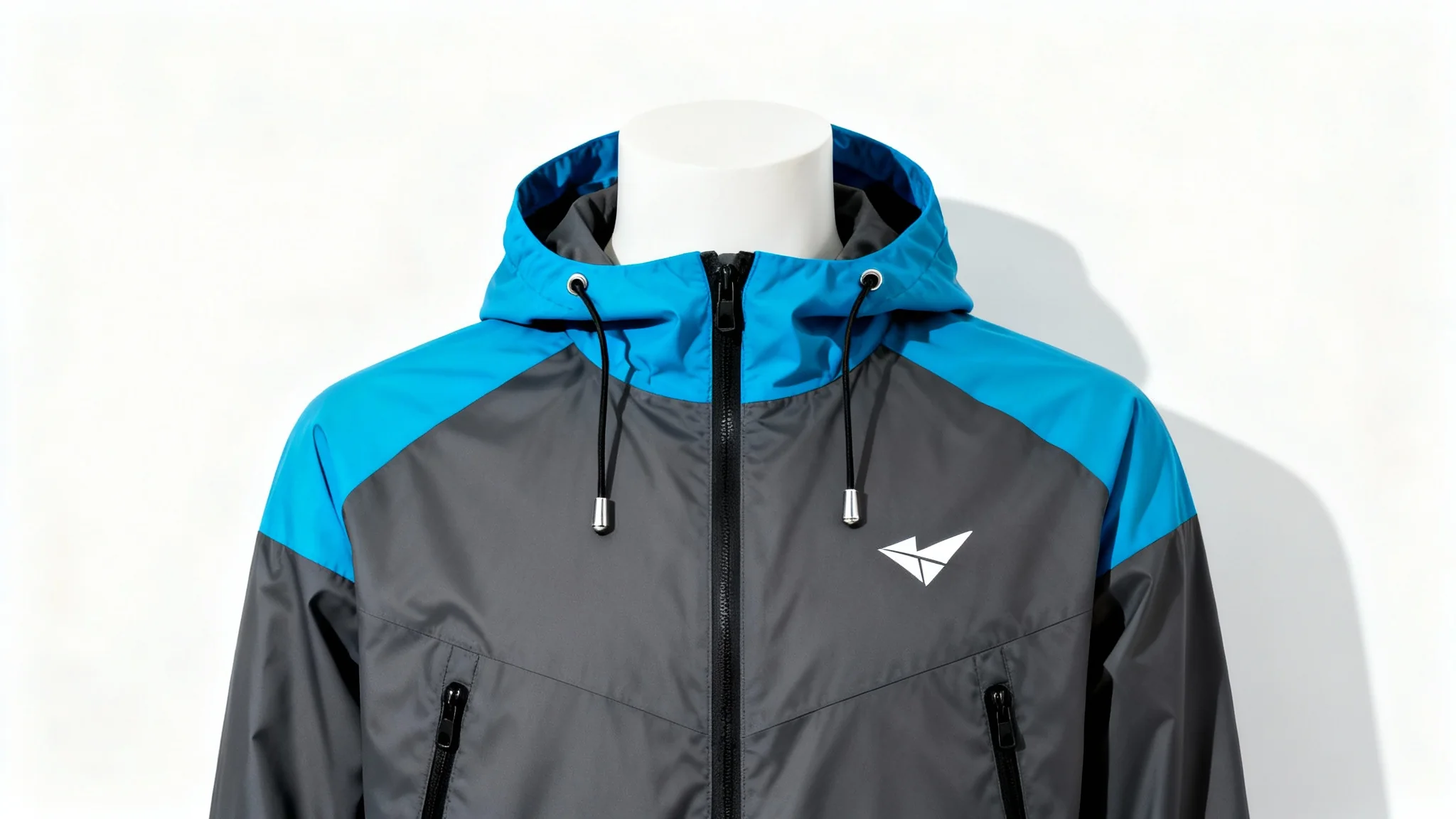 A modern charcoal gray and electric blue windbreaker jacket with a minimalist logo, shown as a product mockup on a white background.
