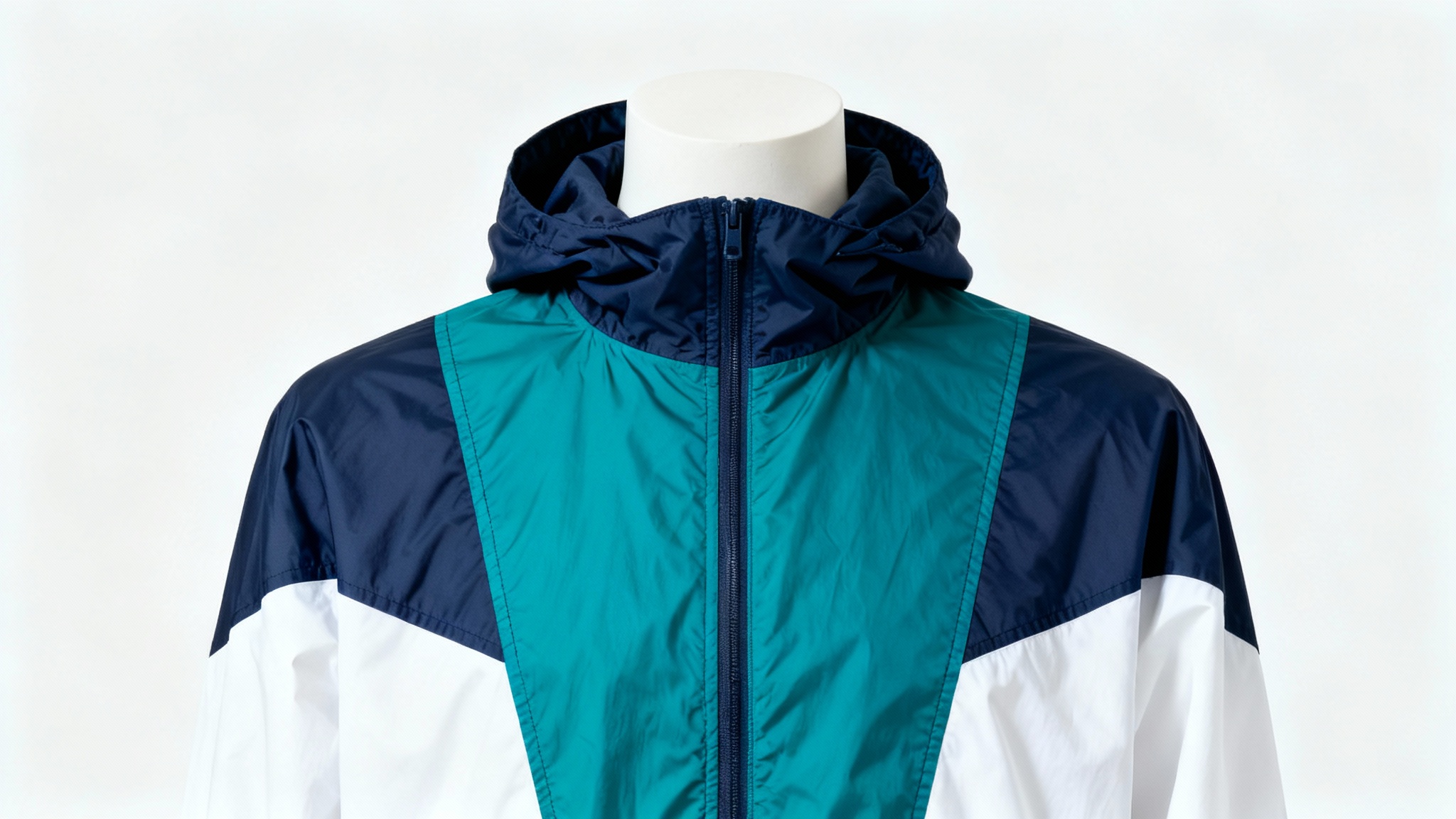 A modern windbreaker jacket with a navy blue, teal, and white color-block design, displayed on an invisible mannequin against a plain white background.