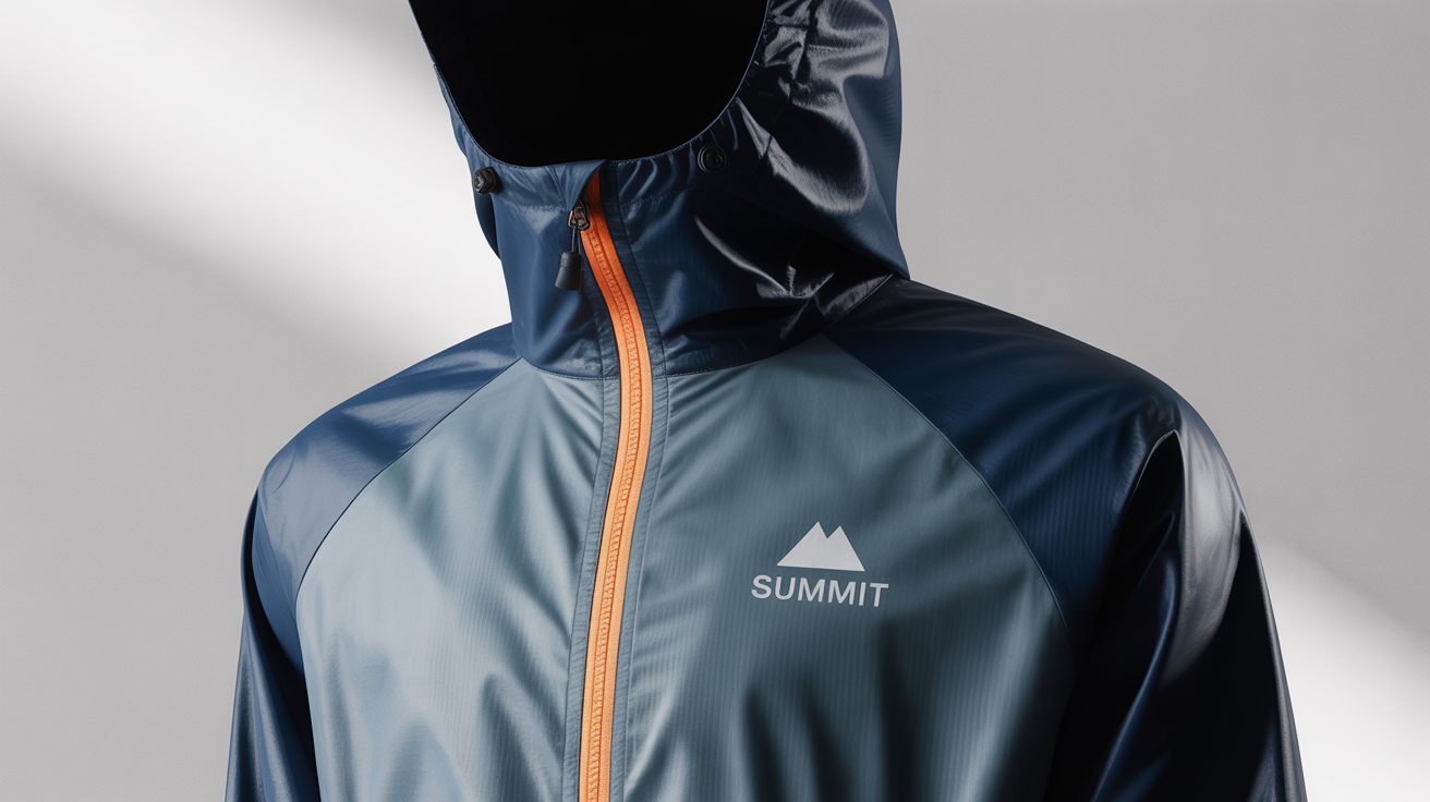 A modern, designer windbreaker jacket with a navy blue, slate gray, and neon orange color-block design, laid flat on a white background, featuring a small 'SUMMIT' logo on the chest.