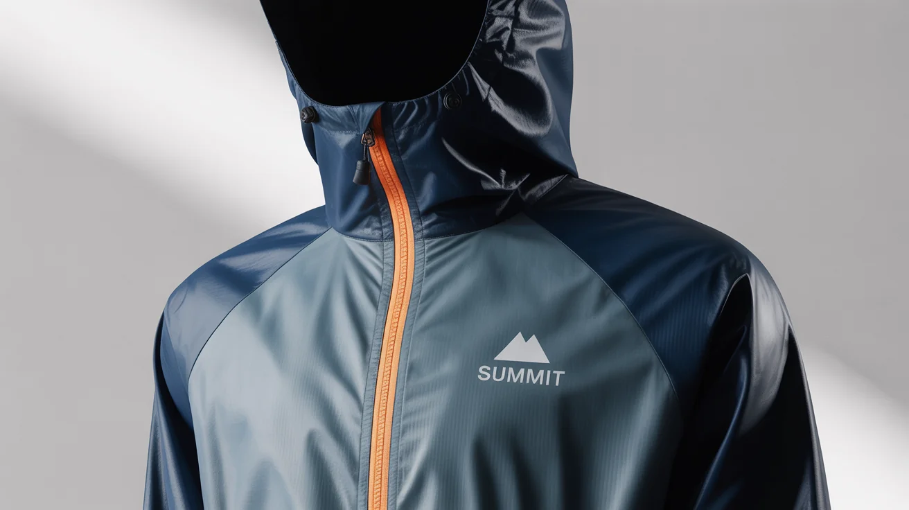 A modern, designer windbreaker jacket with a navy blue, slate gray, and neon orange color-block design, laid flat on a white background, featuring a small 'SUMMIT' logo on the chest.