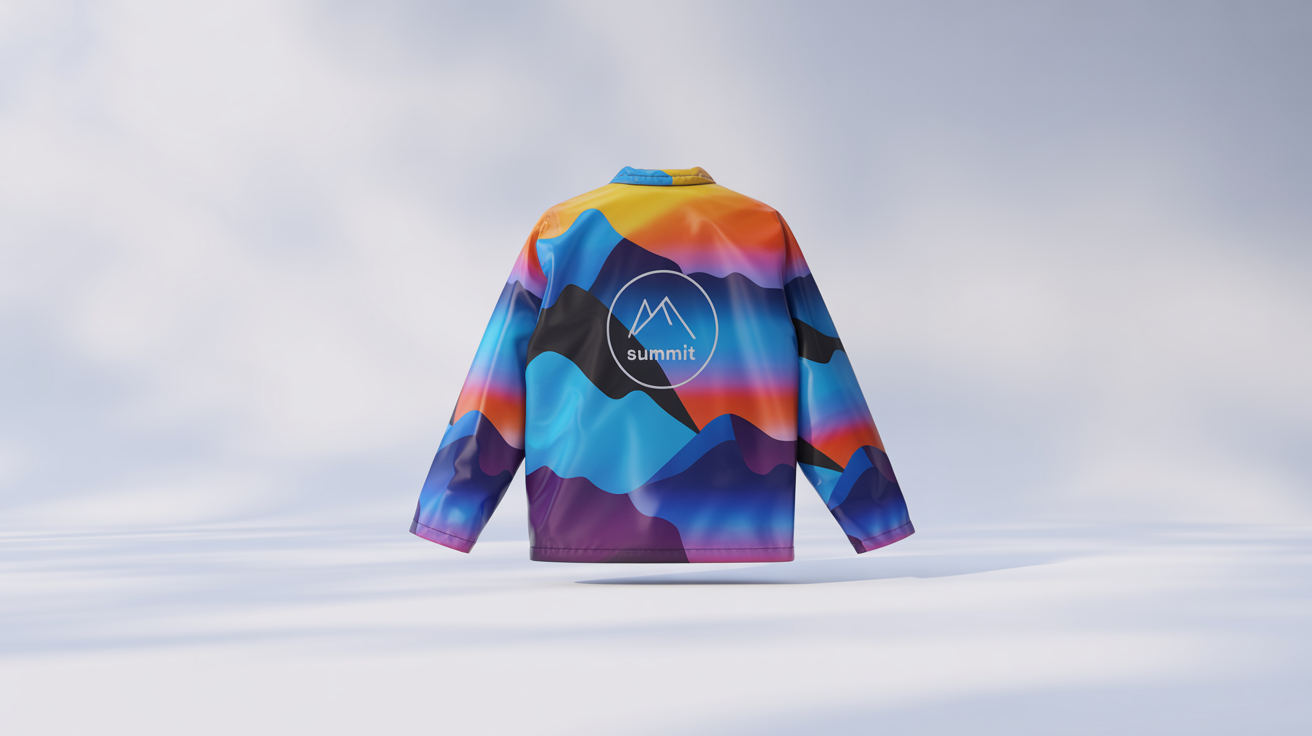 A modern windbreaker jacket with a vibrant abstract mountain design in blue, orange, and purple, displayed on a mannequin against a clean white background.