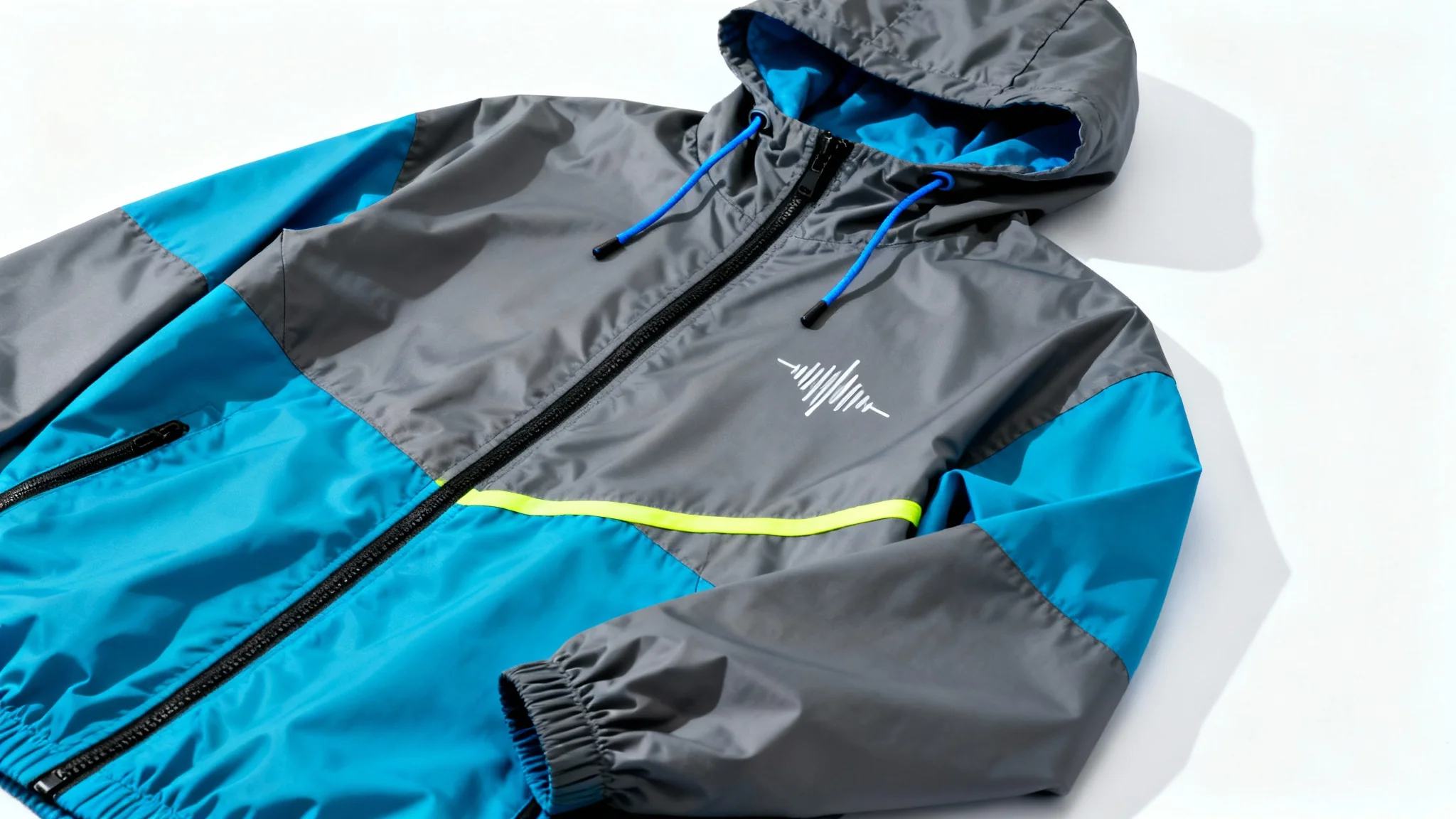 A flat-lay photograph of a modern windbreaker jacket on a white background. The jacket has a color-block design in charcoal gray and cobalt blue, with a stylized sound wave graphic on the chest.