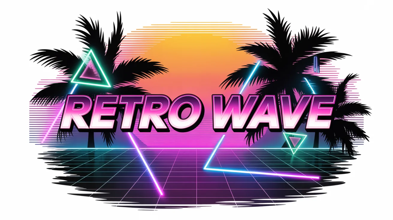A vibrant 16:9 banner designed in an 80s retro synthwave style, featuring the glowing neon text 'RETRO WAVE' over a digital grid landscape with a sunset and palm trees.
