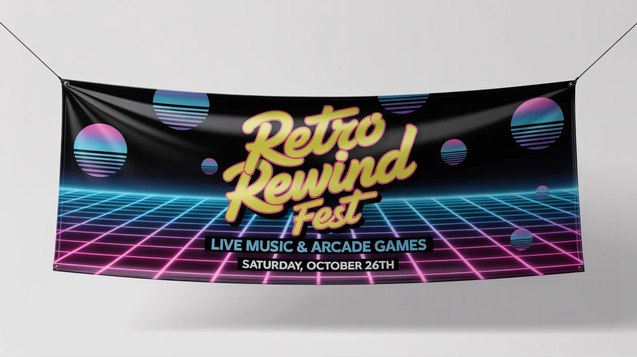 A mockup of a glossy, horizontal 1980s-style banner advertising the 'RETRO REWIND FEST' with neon colors, chrome text, and geometric shapes, set against a plain white background.