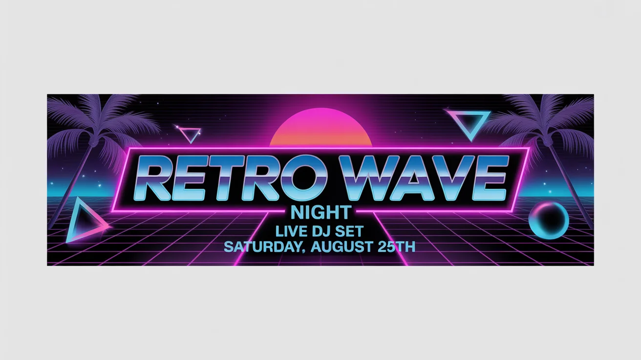 An 80s-style banner advertising a 'Retro Wave Night' event. It features neon colors, a digital grid sunset, palm tree silhouettes, and bold chrome lettering.