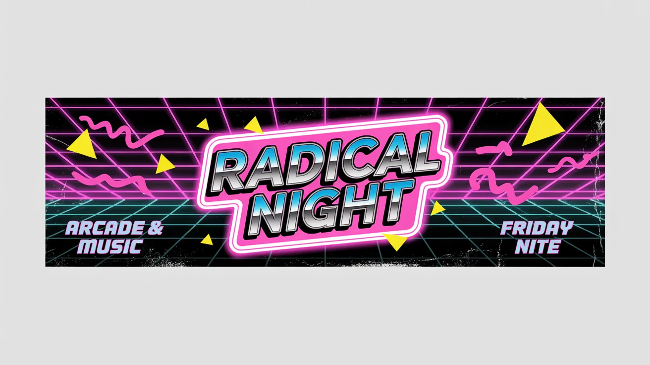 A mockup of a horizontal banner with an 80s theme, featuring a neon grid, geometric shapes, and the words 'RADICAL NIGHT', 'ARCADE & MUSIC', and 'FRIDAY NITE' in retro fonts.