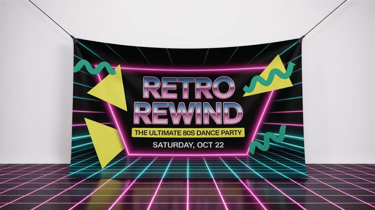 A mockup of a retro 1980s style banner against a white background. The banner is for a dance party called 'RETRO REWIND' and features neon colors, chrome text, and geometric shapes.